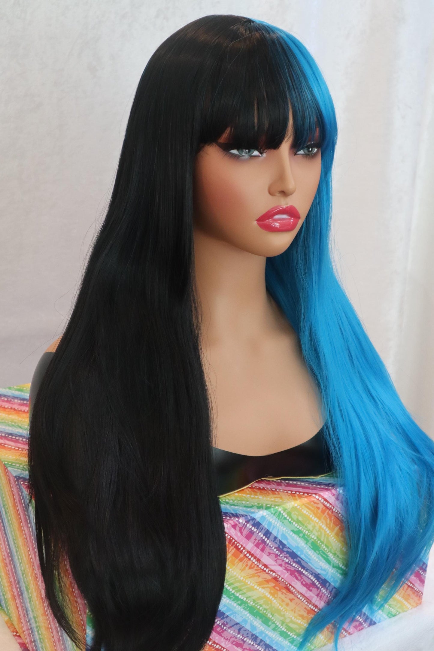 Half Neon Bright Blue & Half Jet Black Straight Wig with Half-Colored Bangs - 28" Cosplay Wig