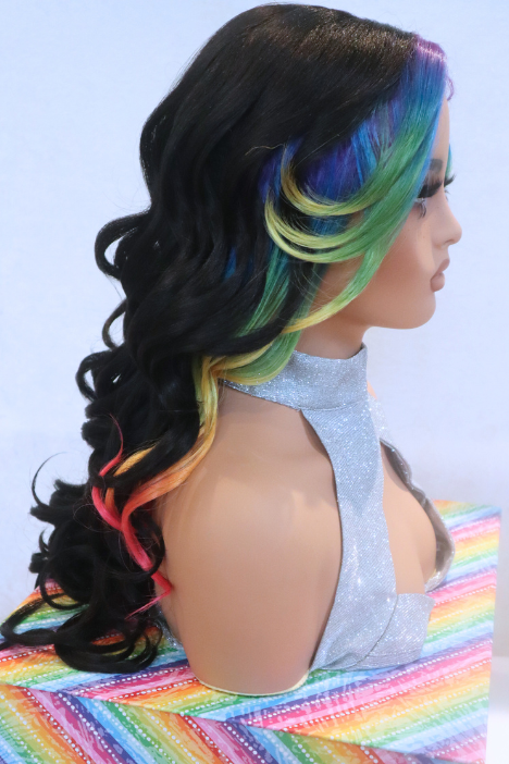 Vibrant Prism Rainbow Face-Framing Highlights 24 inches Wavy Black Lace Front Wig – Stand Out with Colorful Elegance