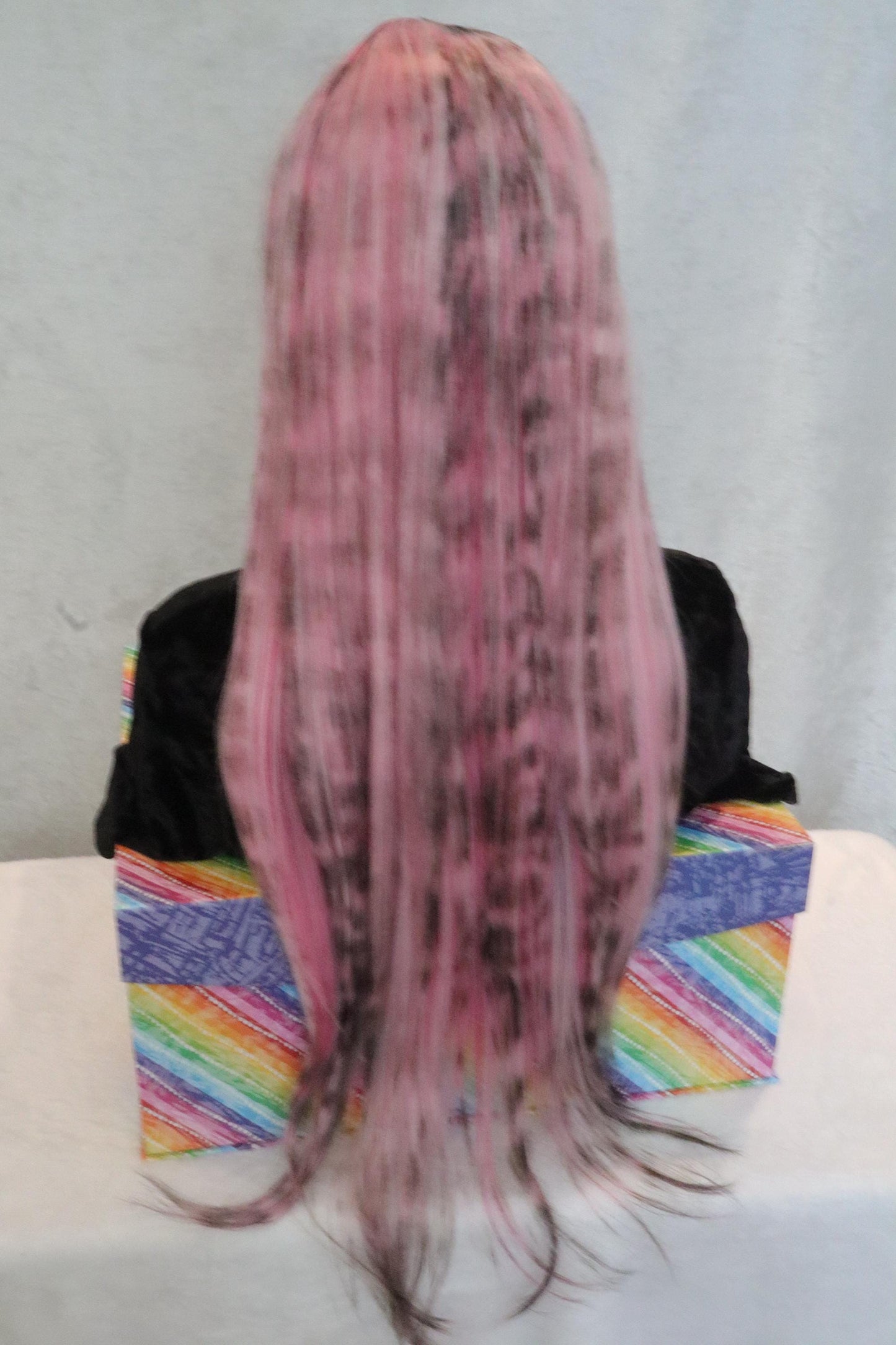 Pink Long Straight 30 inches Wig with Light Pink Streaks and Soft Cheetah Print – Light Bangs