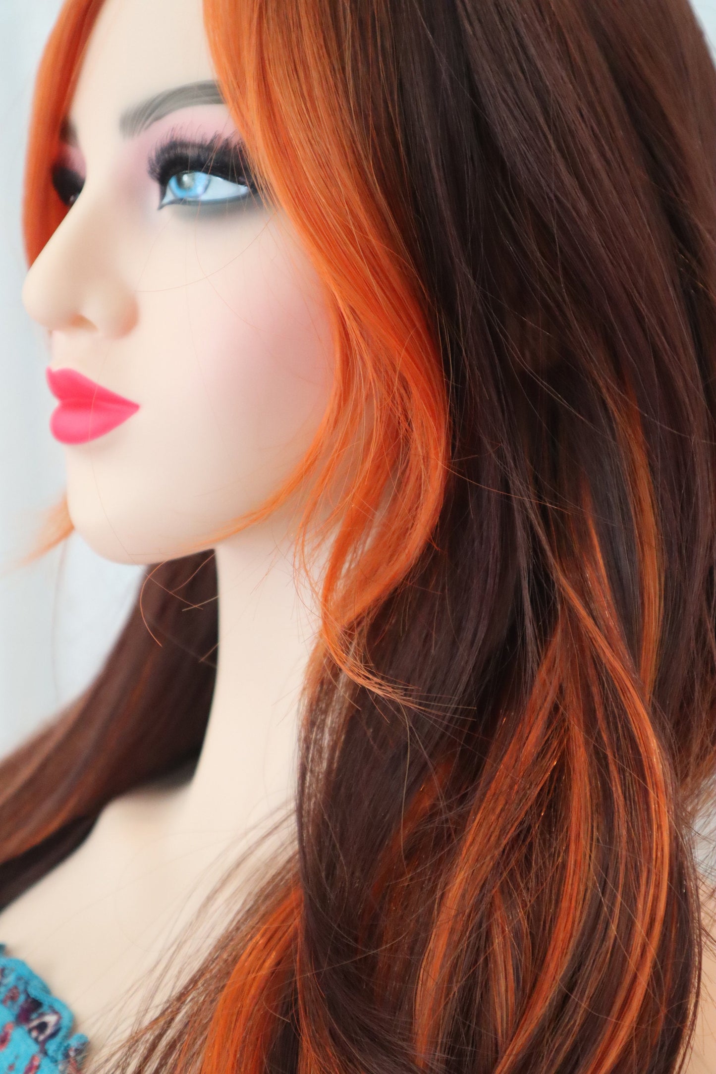 Orange Highlighted bangs straight and wavy copper brown wig