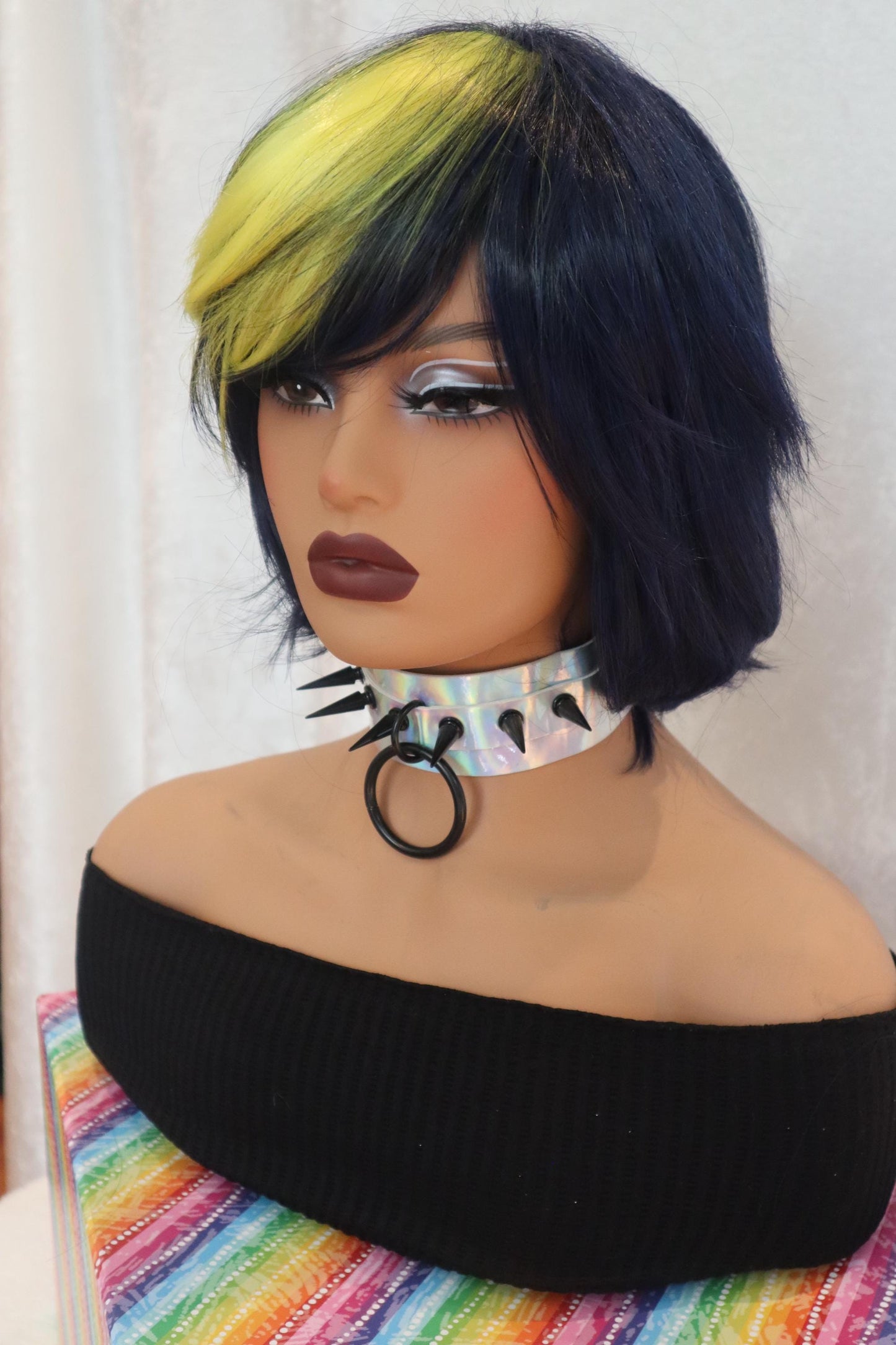 Punk Edgy Short Bob Navy Dark Blue Wig with Vibrant Yellow Bangs