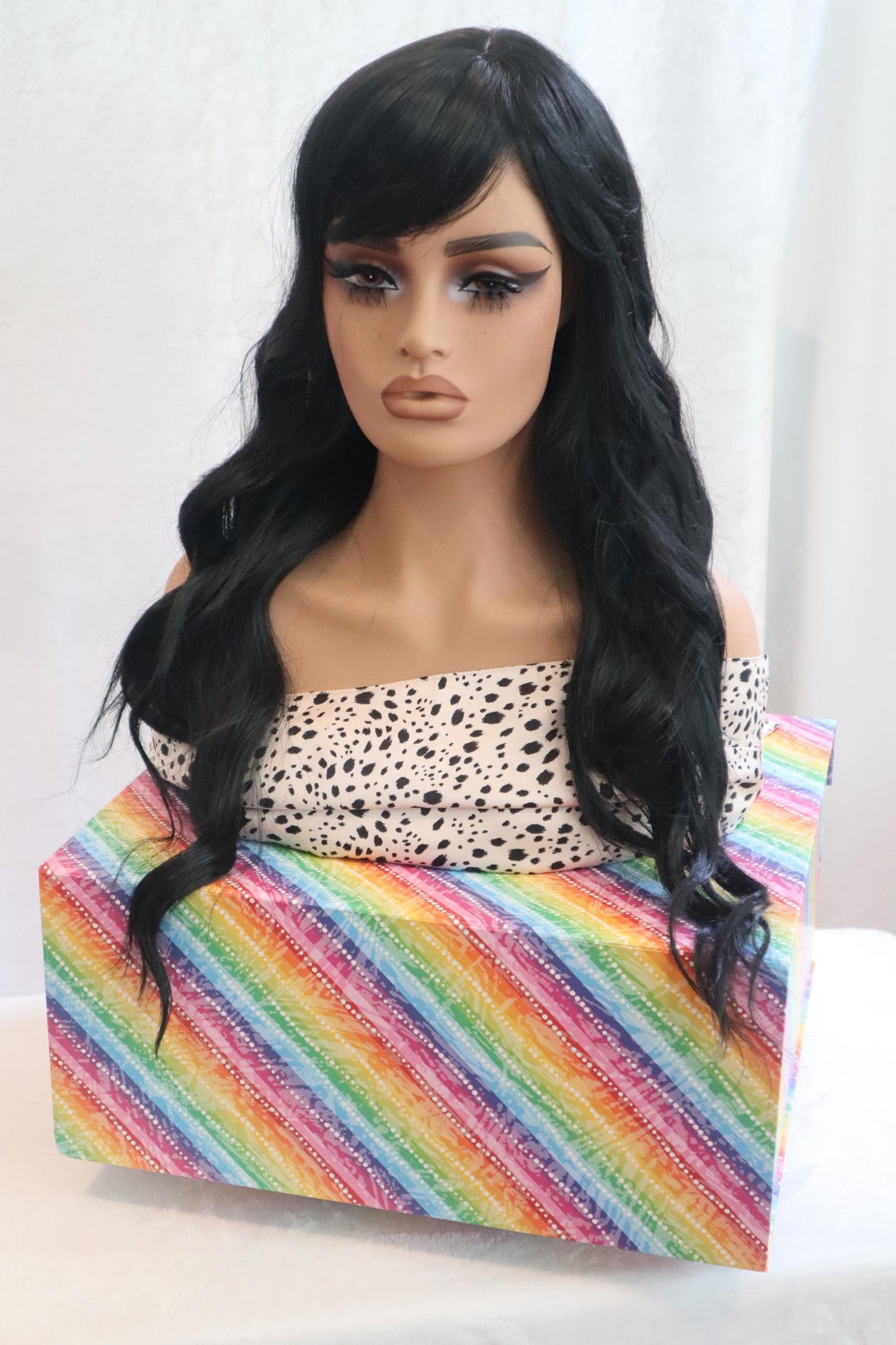 Easy to Style Long Jet Black Wig with Bangs and Natural Skin Top Parting