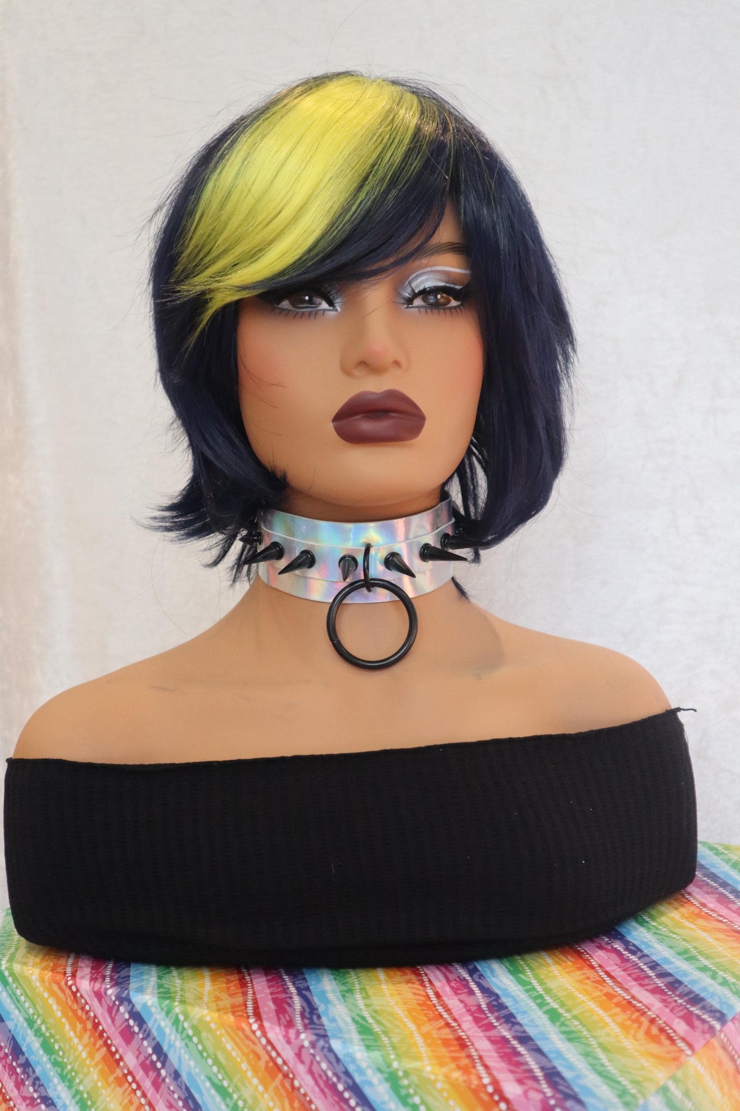 Punk Edgy Short Bob Navy Dark Blue Wig with Vibrant Yellow Bangs