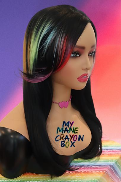 Long Straight Elegant Side Part Front Lace Wig with Rainbow Highlights and Face-Framing Rays