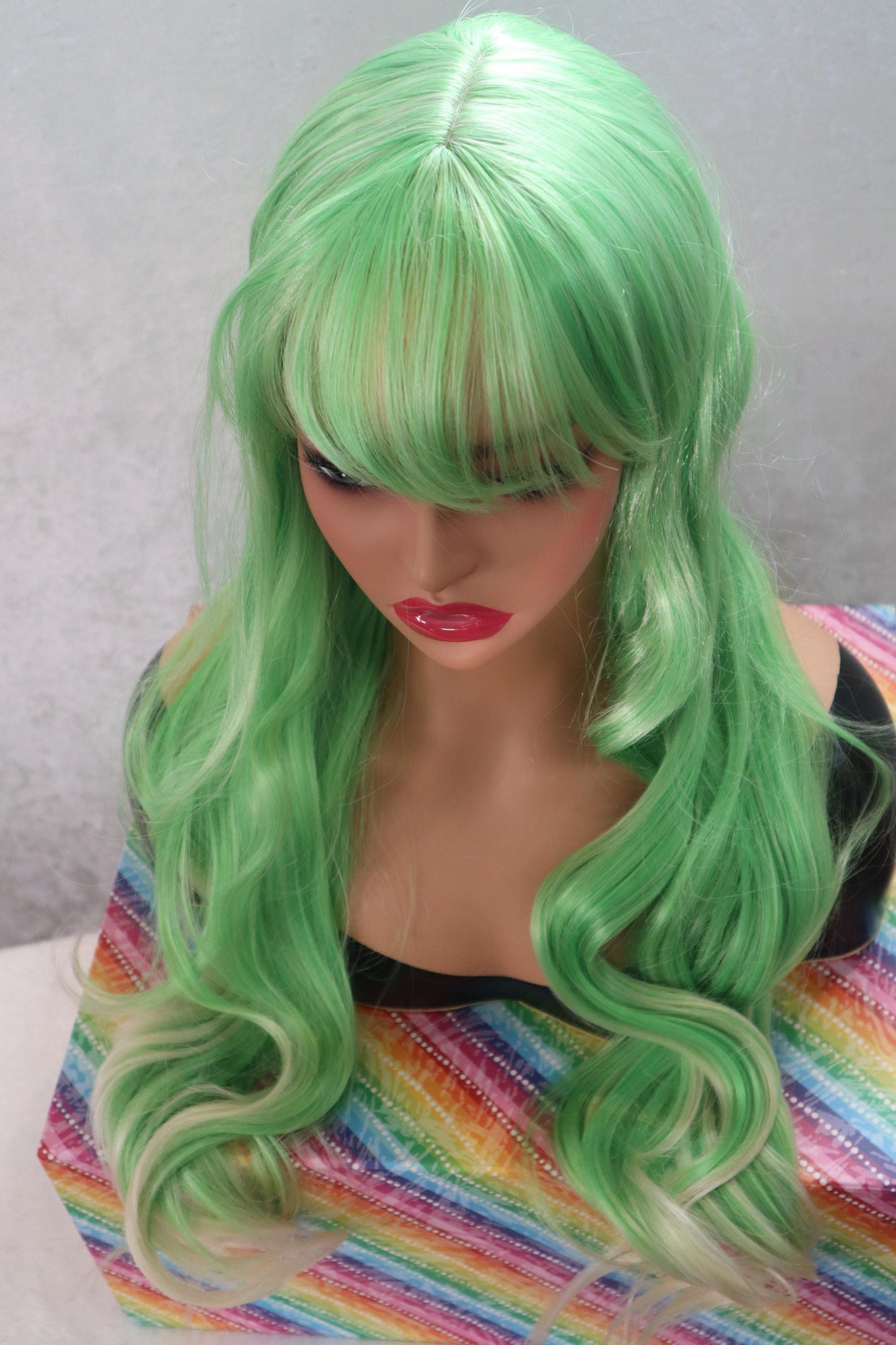 Neon Green Long Wavy Wig with Blonde Highlights and Bangs – 26 Inches of Bold Style!