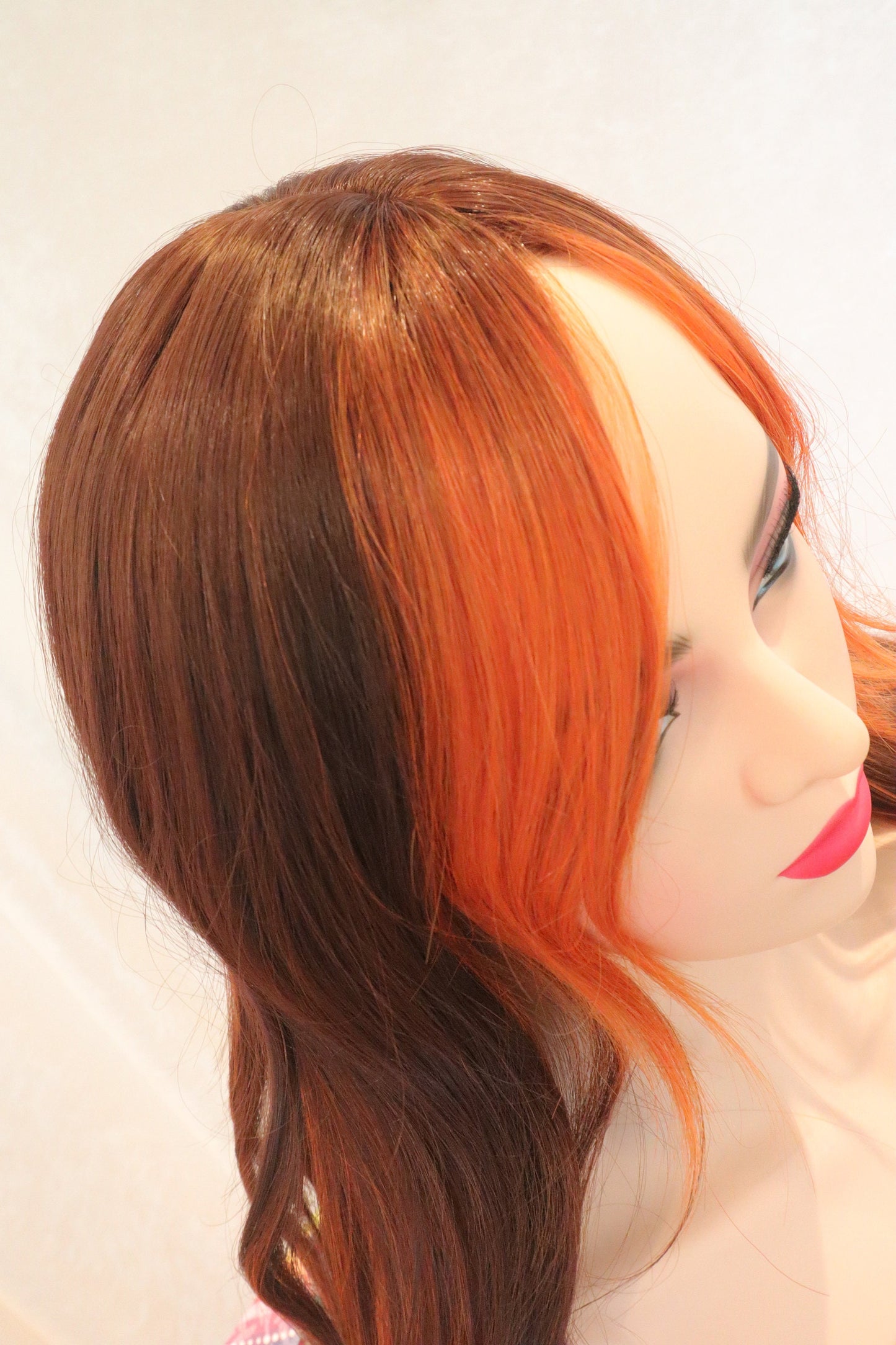 Orange Highlighted bangs straight and wavy copper brown wig