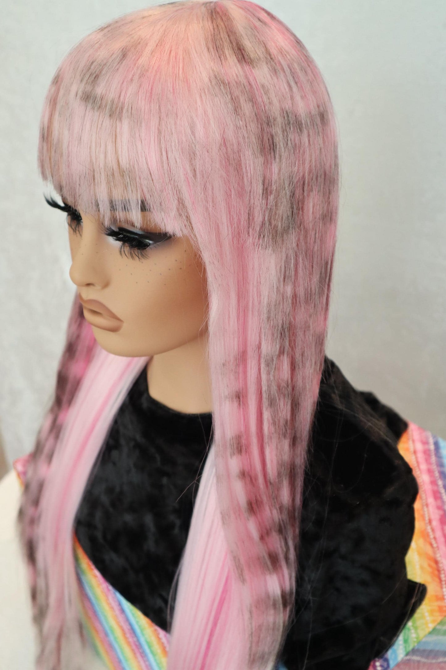 Pink Long Straight 30 inches Wig with Light Pink Streaks and Soft Cheetah Print – Light Bangs