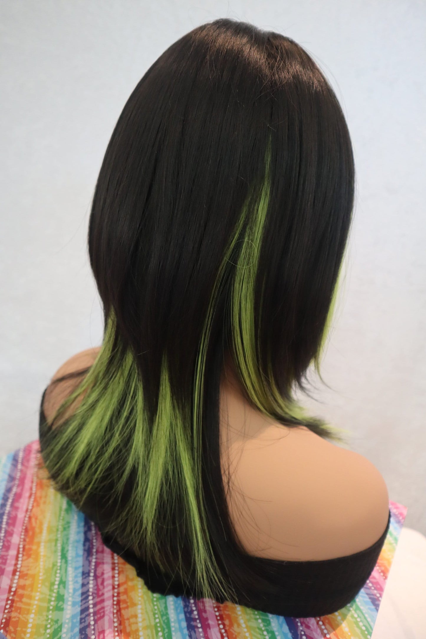 Layered Neon Green and Black Wig with Bangs - Edgy Synthetic 18-Inch Wig