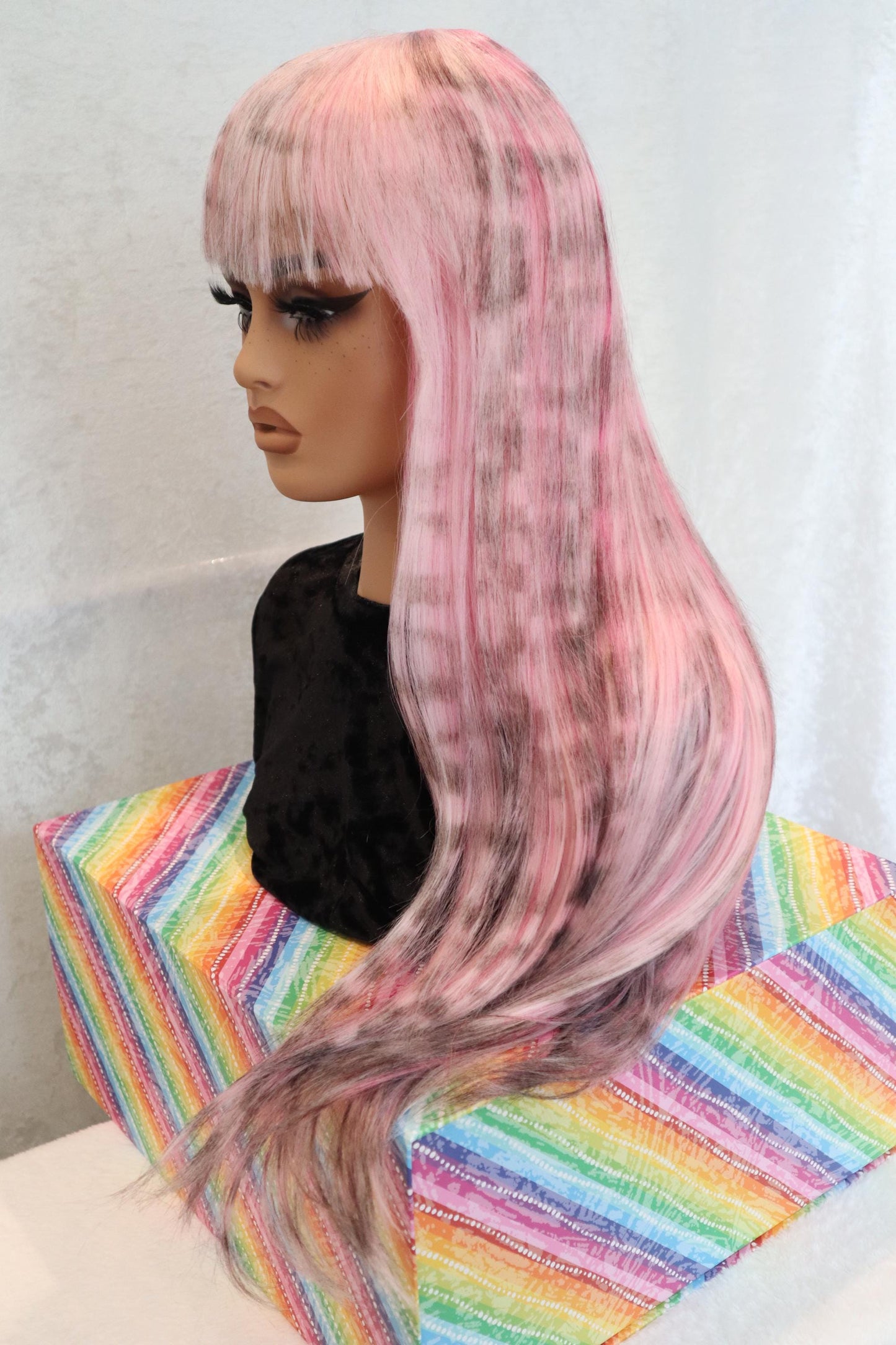 Pink Long Straight 30 inches Wig with Light Pink Streaks and Soft Cheetah Print – Light Bangs