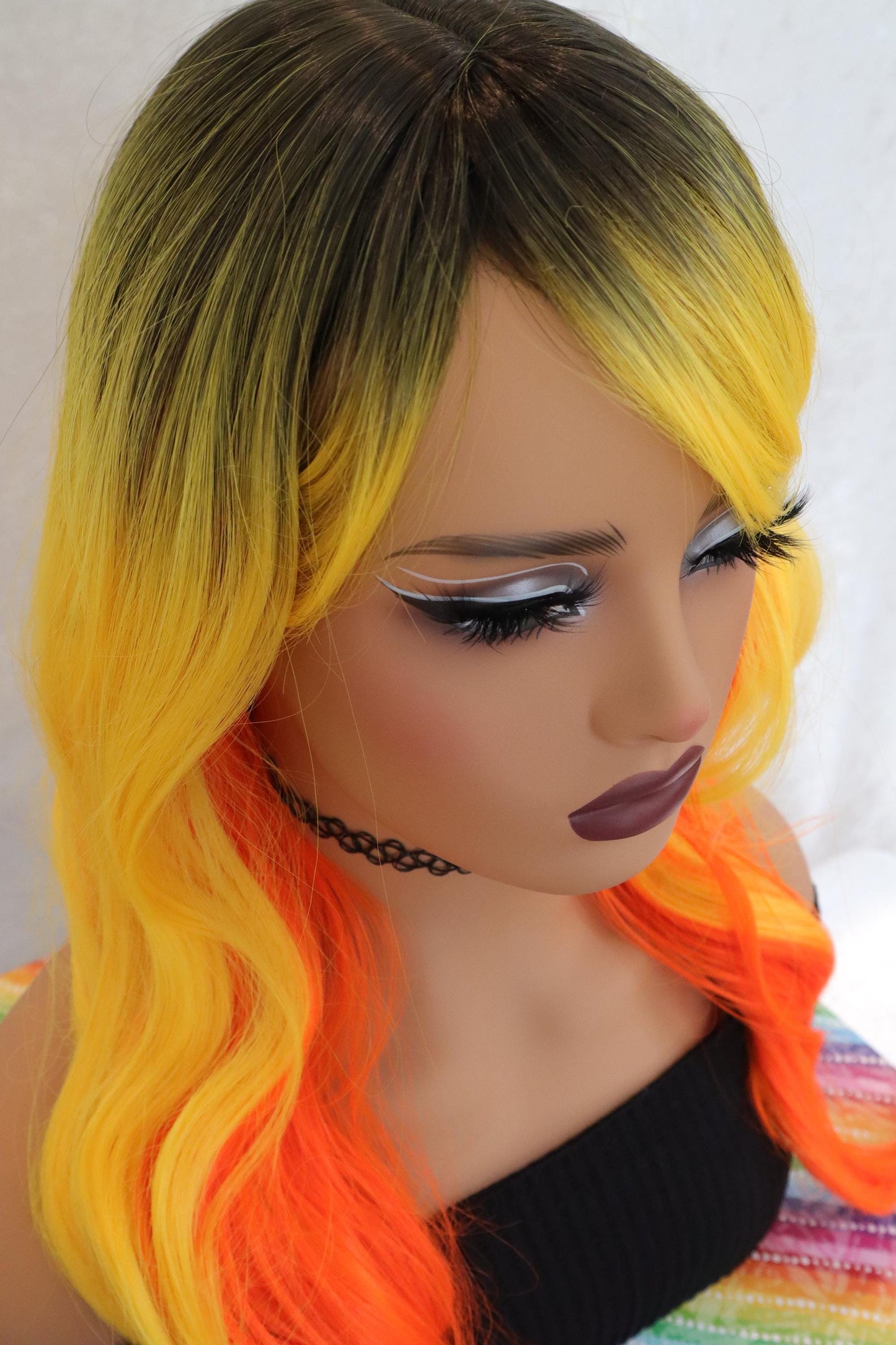 Candy Corn Wavy Wig with Orange, Yellow & Dark Roots + Bangs