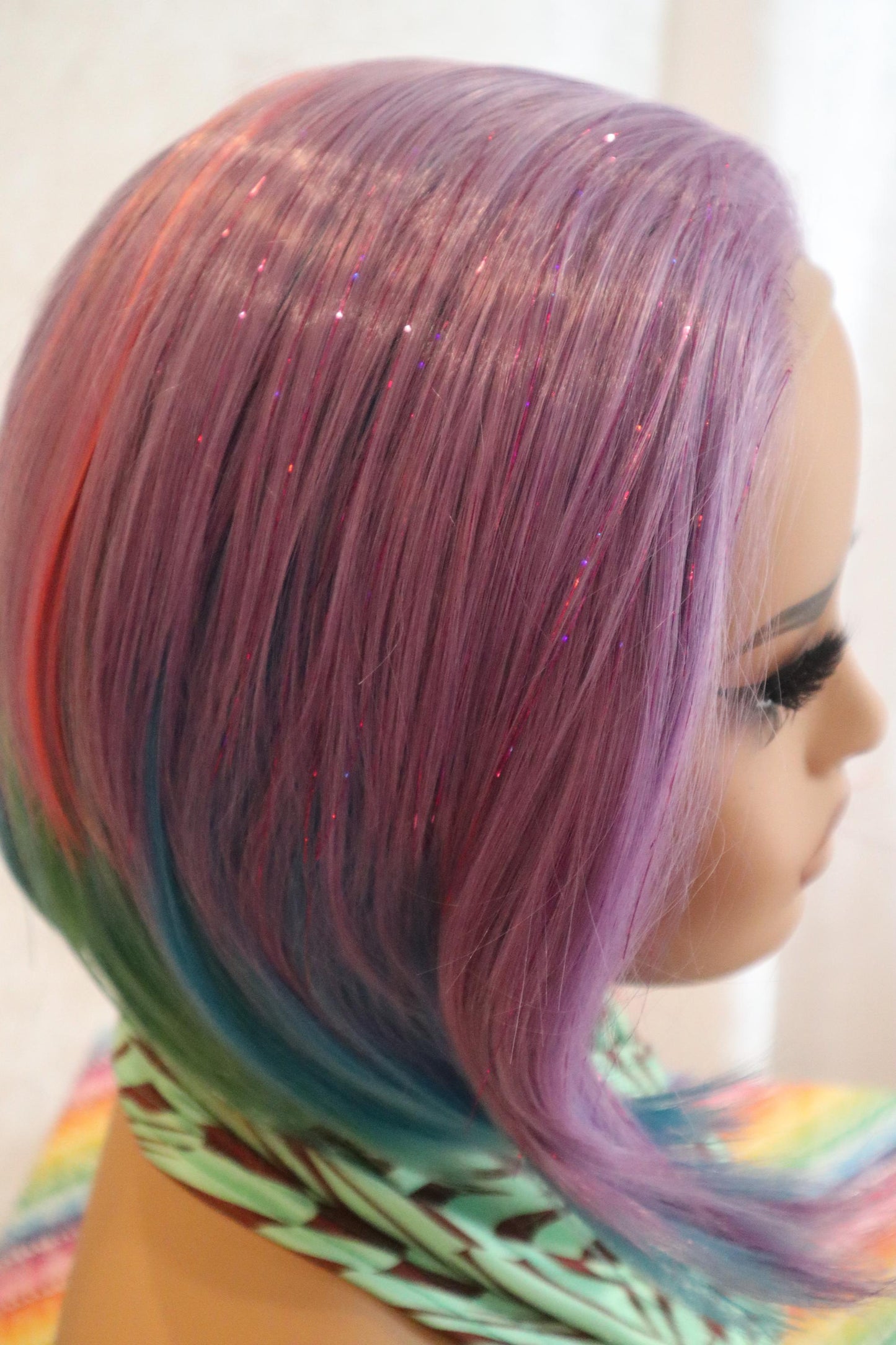 Rainbow Short Bob Front Lace Wig with Tinsel Locks – Unicorn Fantasy Hair for Parties