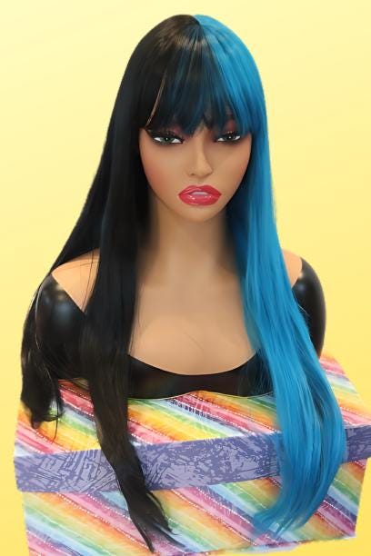 Half Neon Bright Blue & Half Jet Black Straight Wig with Half-Colored Bangs - 28" Cosplay Wig