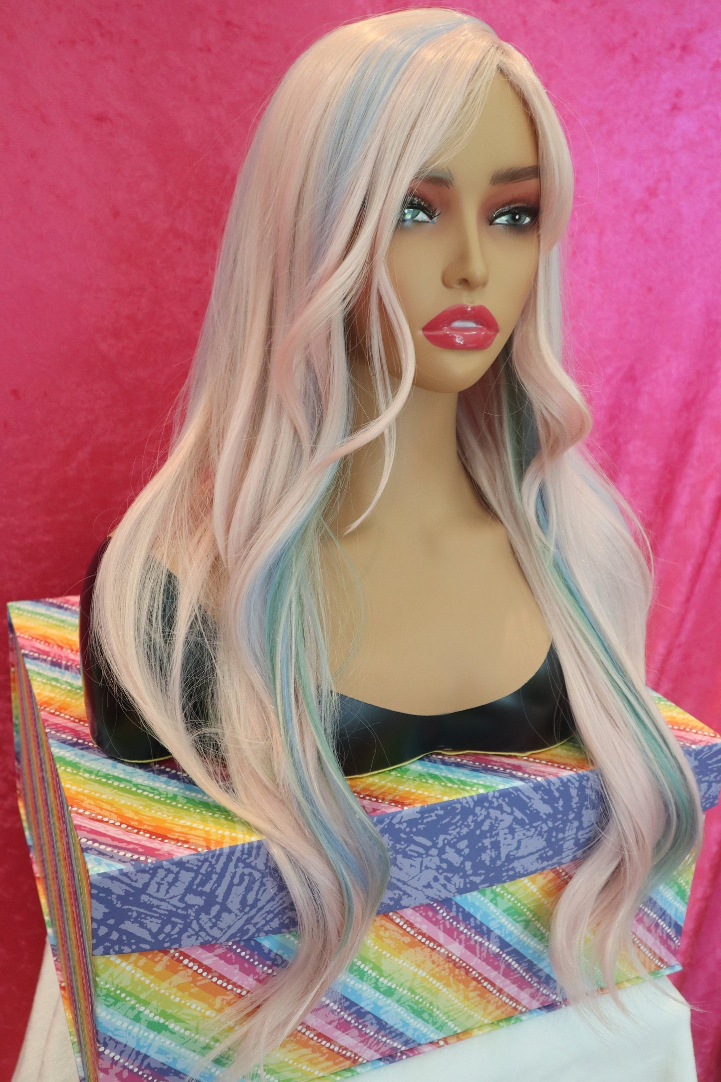 Platinum Blonde Rose Gold Baby Blue Mint Highlighted Straight and Wavy long Wig