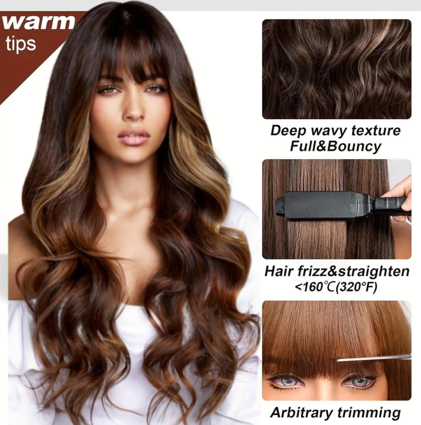 Natural Dark Brown Wavy Wig with Blonde Highlights and Soft Light Bangs