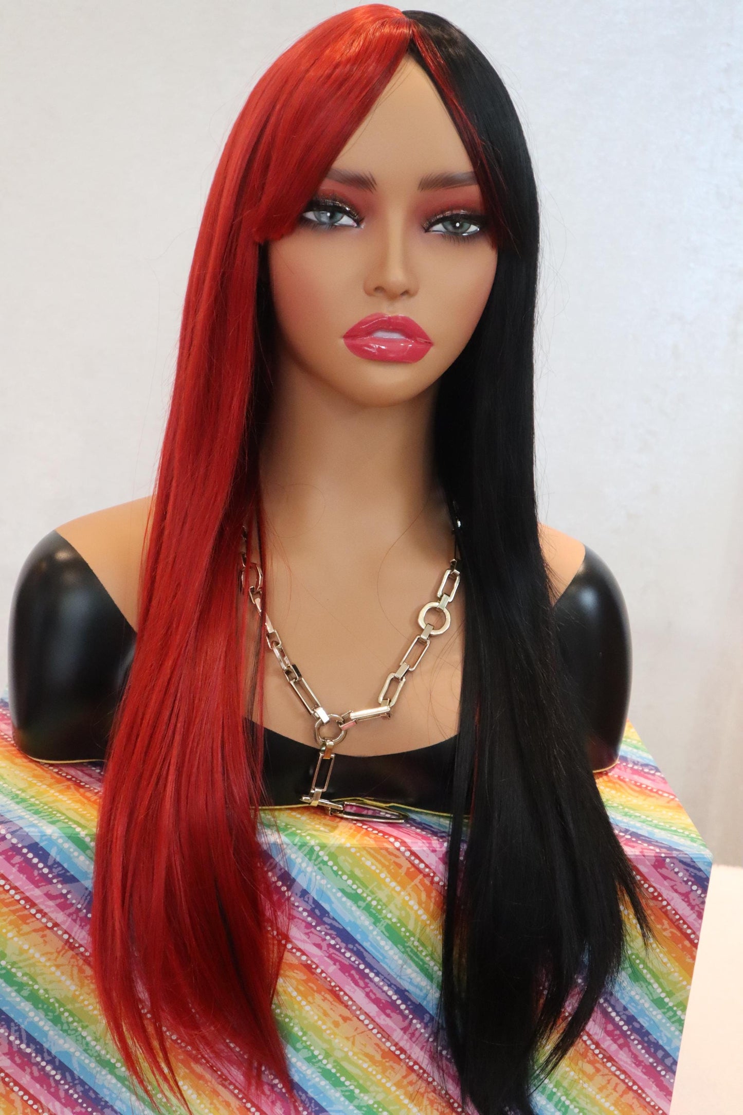 Half Red Half Jet Black Long Straight Wig – 24" Lightweight Synthetic