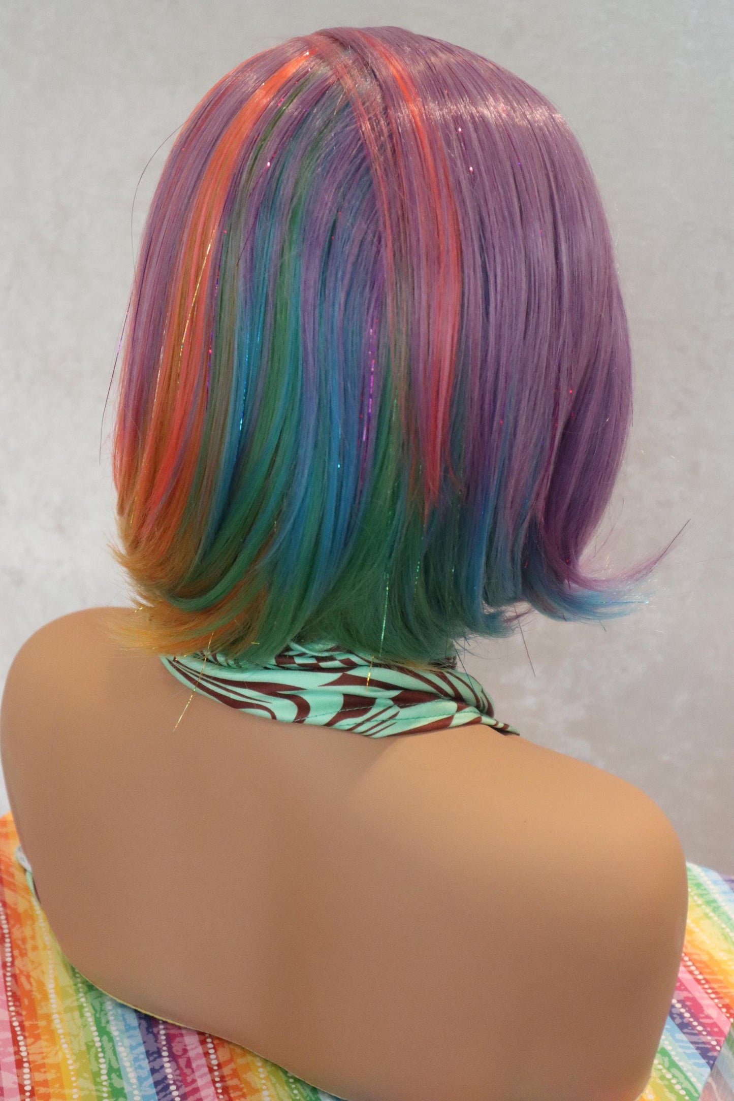 Rainbow Short Bob Front Lace Wig with Tinsel Locks – Unicorn Fantasy Hair for Parties