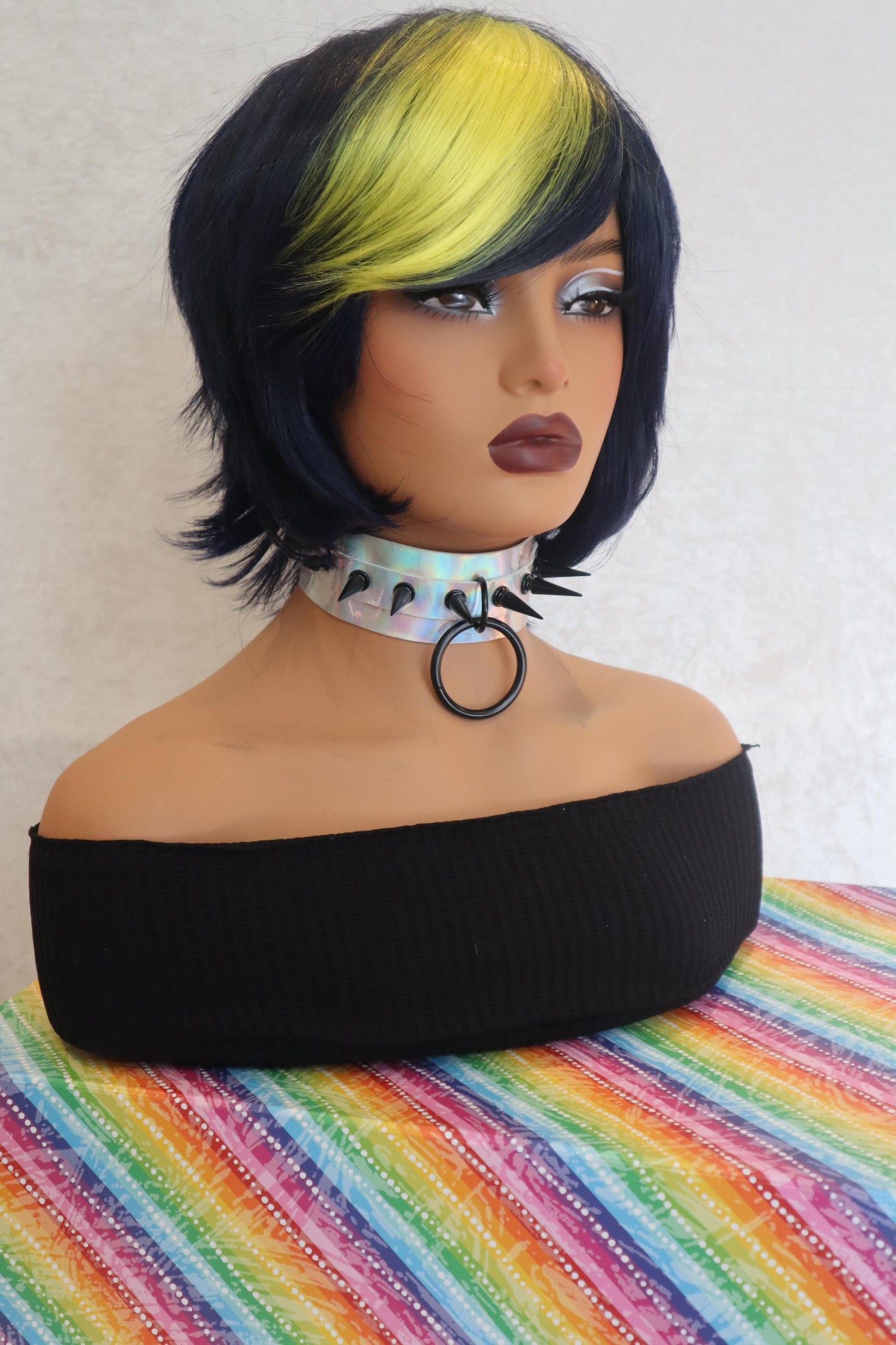 Punk Edgy Short Bob Navy Dark Blue Wig with Vibrant Yellow Bangs