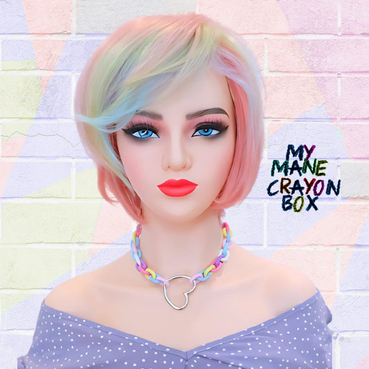 Pastel Dream Short Wig | Pink Wig with Multi-Color Bangs | Colorful Fantasy Look