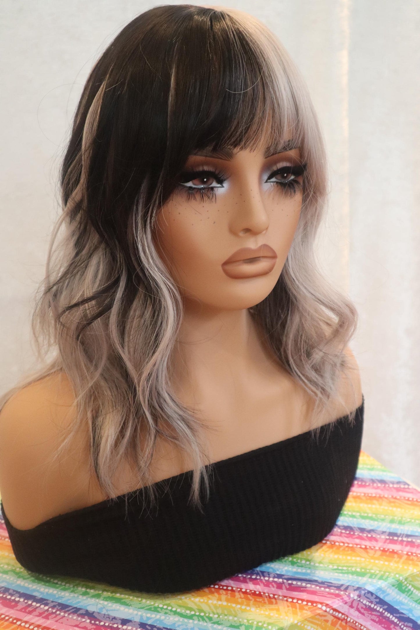 Edgy Black & Gray Half Fringe Wig | Wavy Shoulder-Length | Unique Two-Tone Style