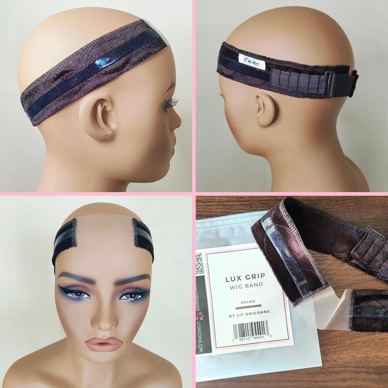 LUX GRIP Lace Wig Gripper Band - Fully Adjustable | Extra Wide Lace | For Lace Front Wigs | Non Slip for All Wigs (Brown)