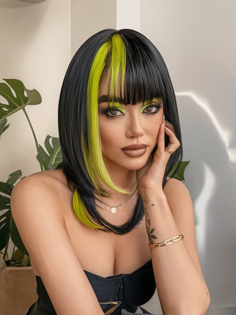 Layered Neon Green and Black Wig with Bangs - Edgy Synthetic 18-Inch Wig