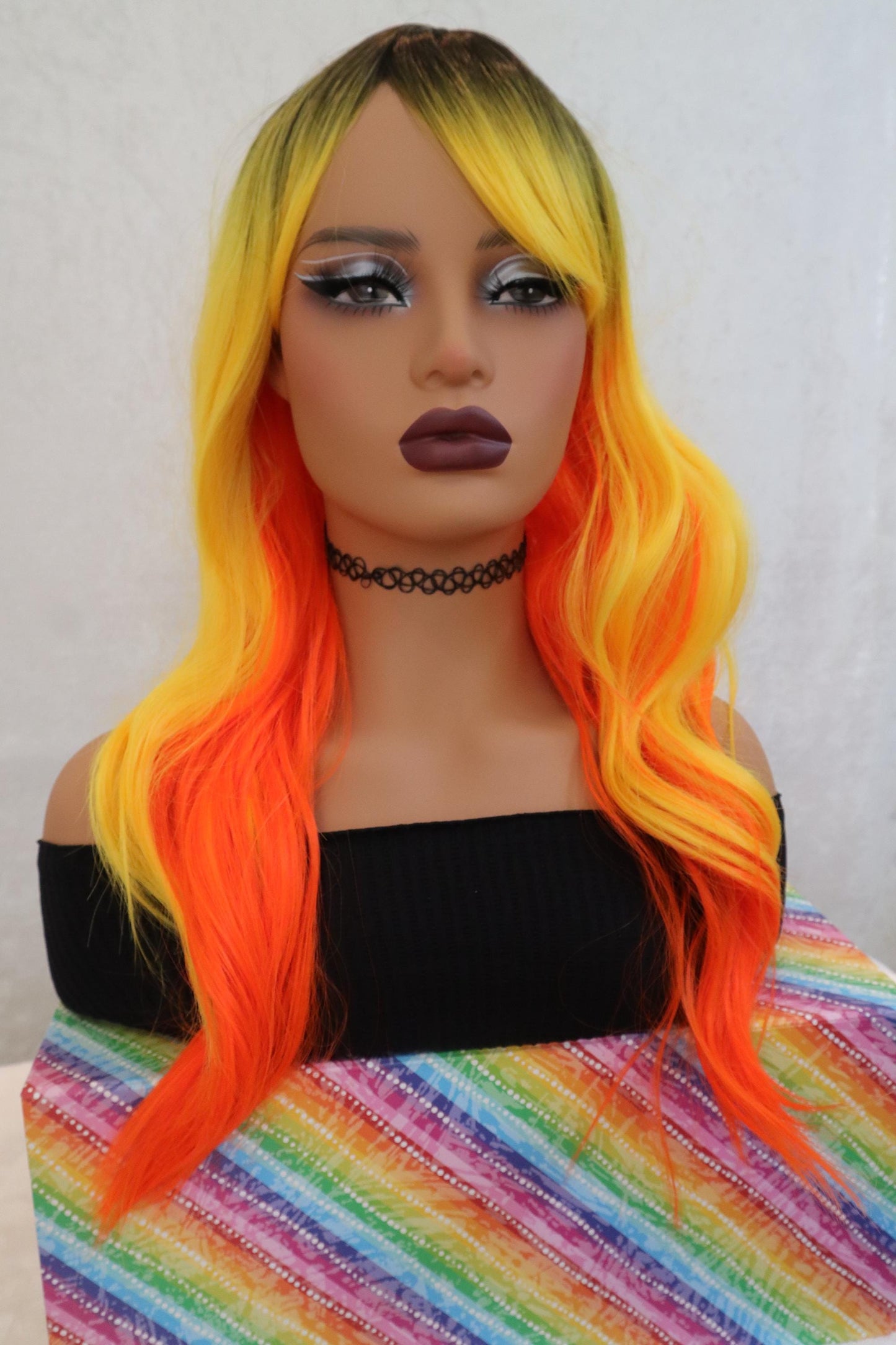 Candy Corn Wavy Wig with Orange, Yellow & Dark Roots + Bangs