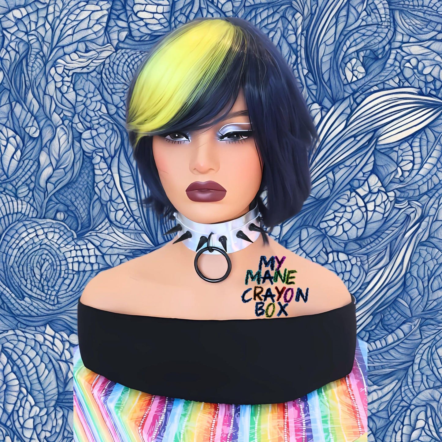 Punk Edgy Short Bob Navy Dark Blue Wig with Vibrant Yellow Bangs