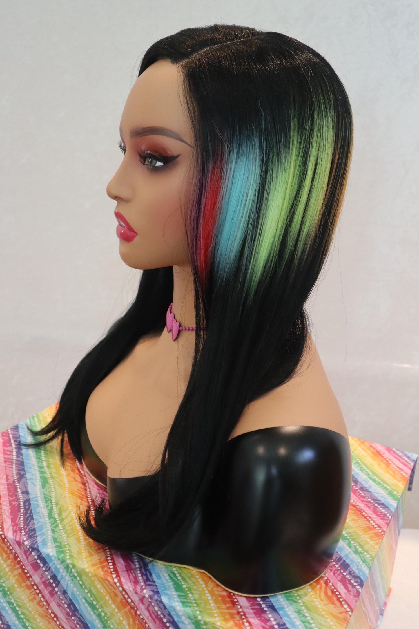 Long Straight Elegant Side Part Front Lace Wig with Rainbow Highlights and Face-Framing Rays