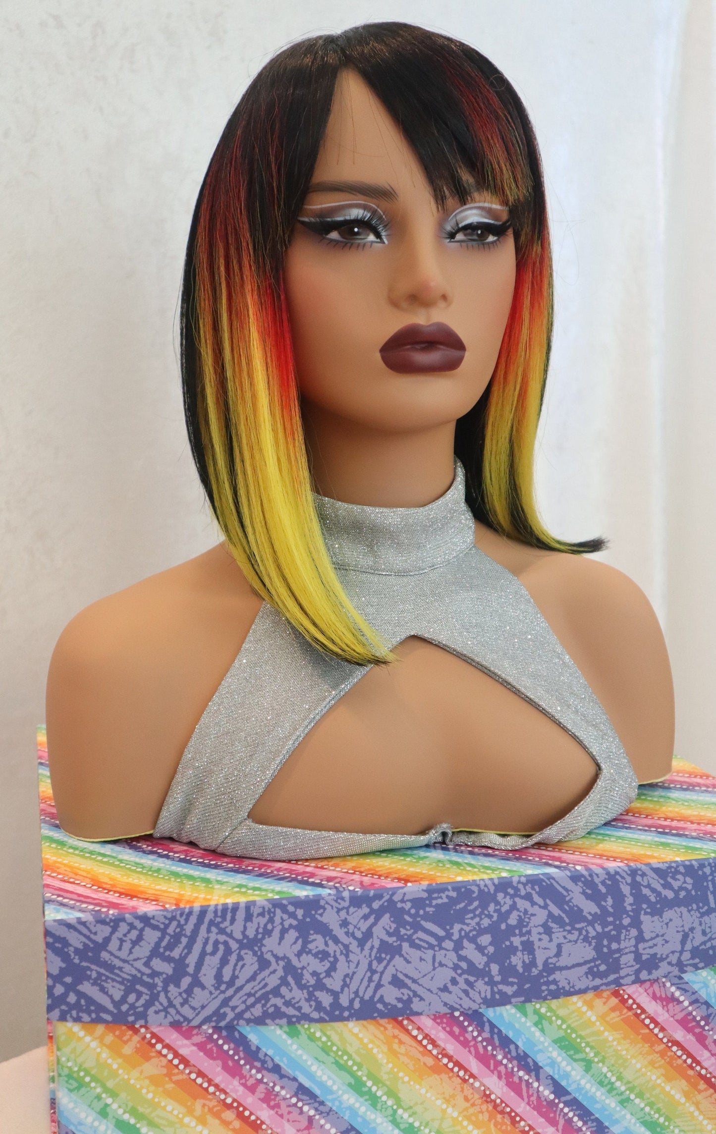 14" Straight Black Wig with Yellow and Red Highlights, Lowlights, and Bangs - Heat-Friendly Synthetic Wig, 150% Density