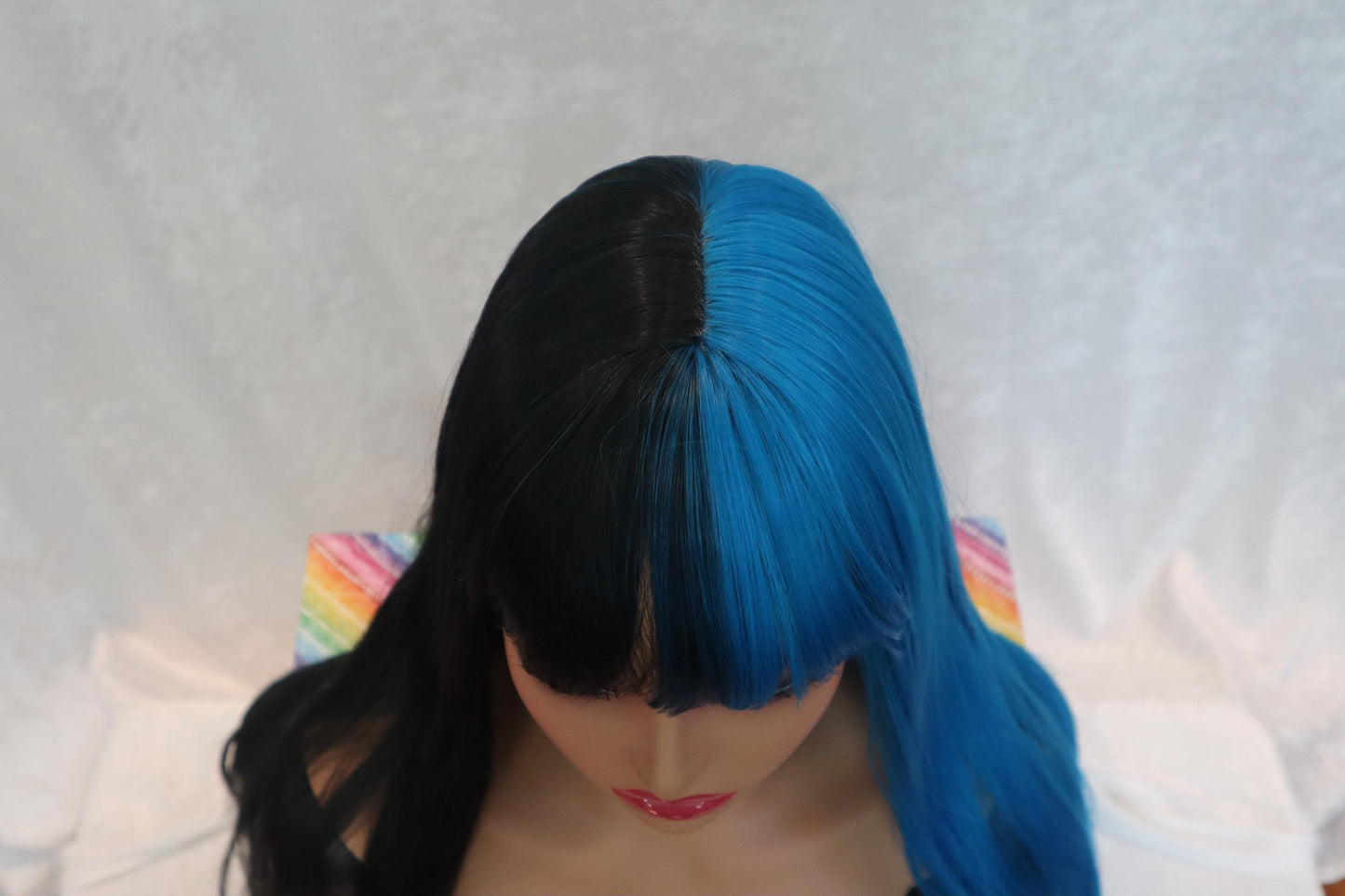 Half Neon Bright Blue & Half Jet Black Straight Wig with Half-Colored Bangs - 28" Cosplay Wig