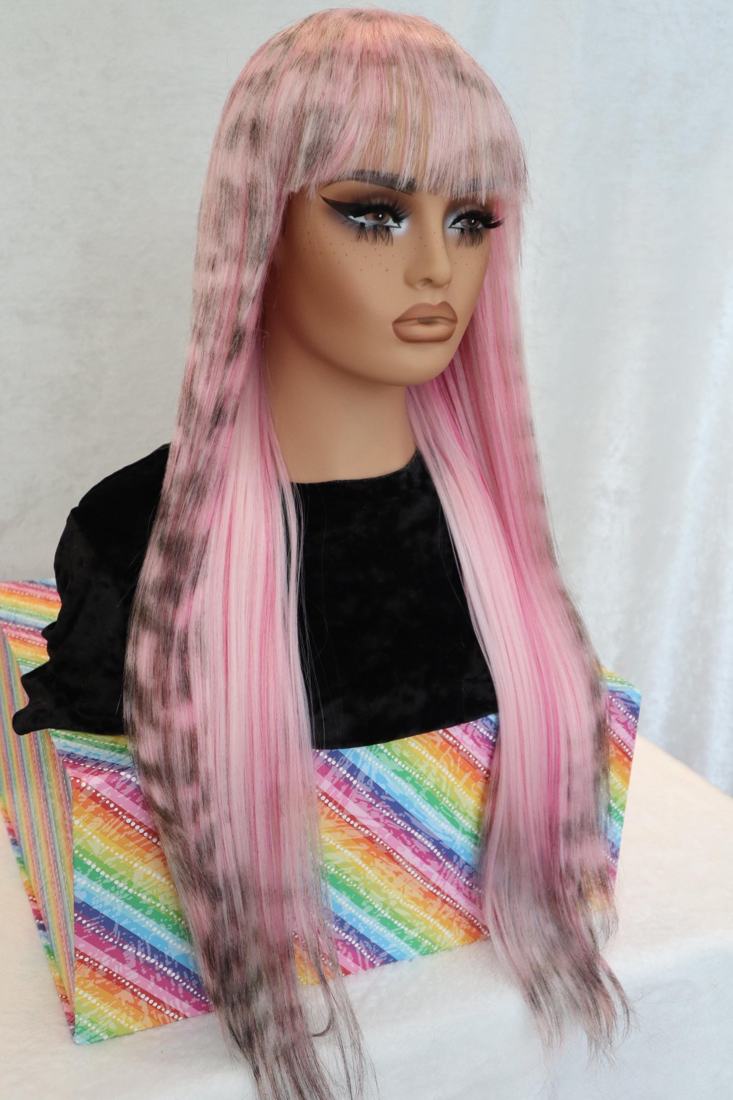 Pink Long Straight 30 inches Wig with Light Pink Streaks and Soft Cheetah Print – Light Bangs