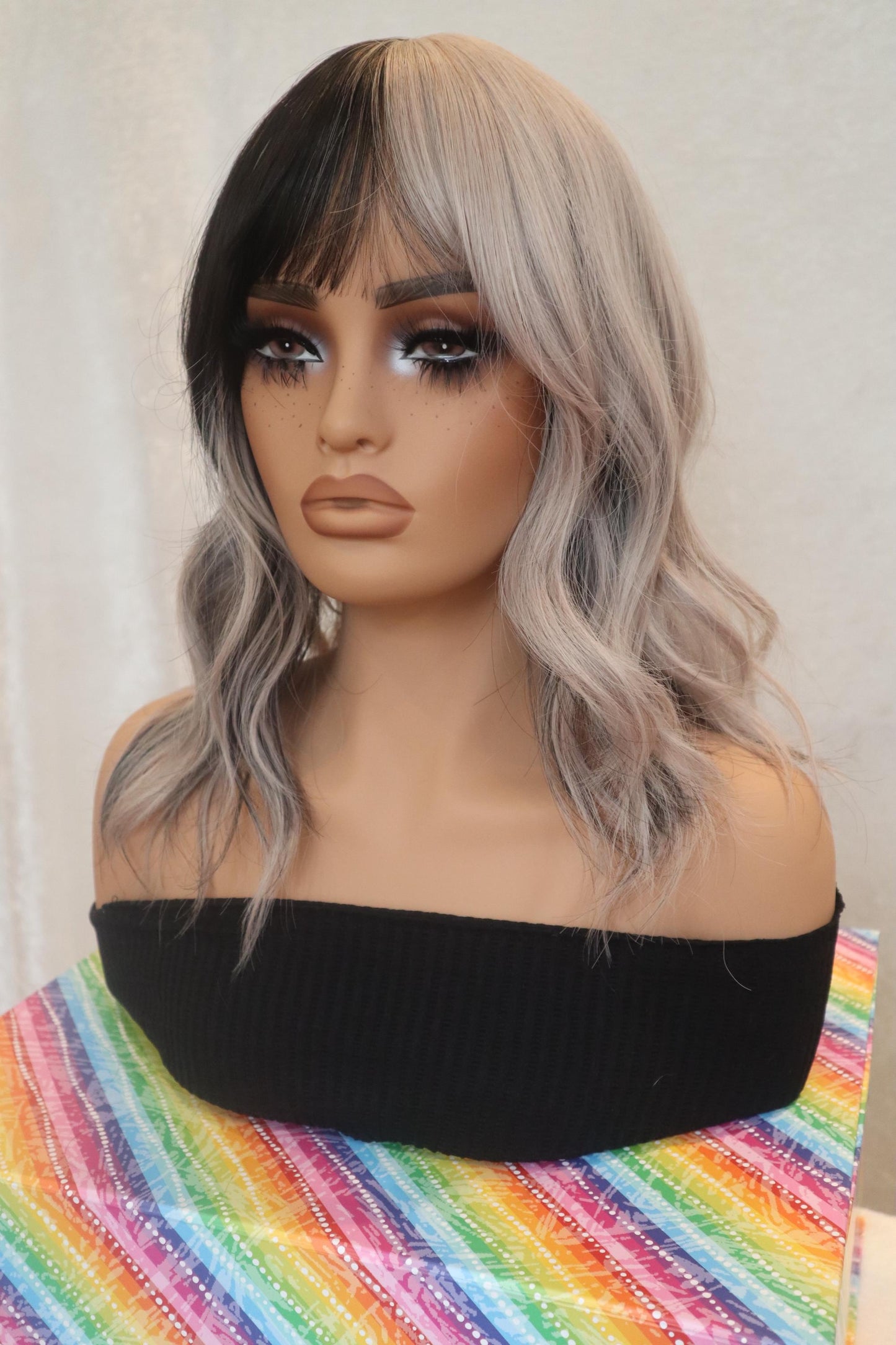 Edgy Black & Gray Half Fringe Wig | Wavy Shoulder-Length | Unique Two-Tone Style