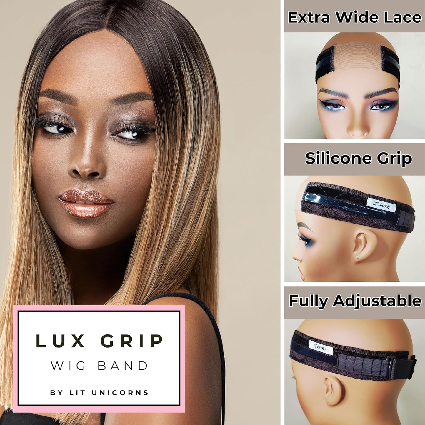 LUX GRIP Lace Wig Gripper Band - Fully Adjustable | Extra Wide Lace | For Lace Front Wigs | Non Slip for All Wigs (Brown)