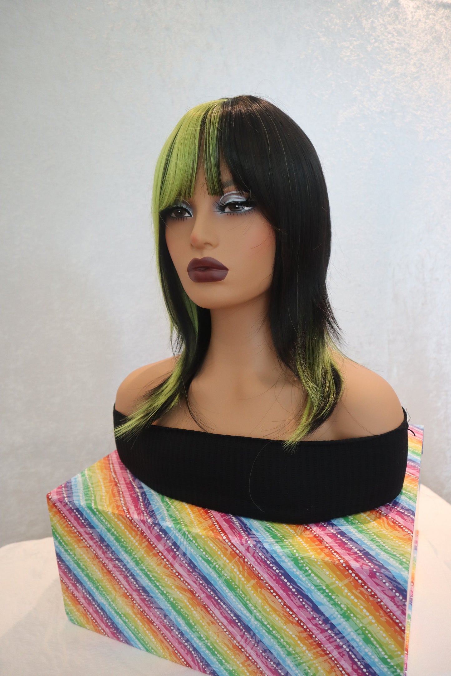 Layered Neon Green and Black Wig with Bangs - Edgy Synthetic 18-Inch Wig