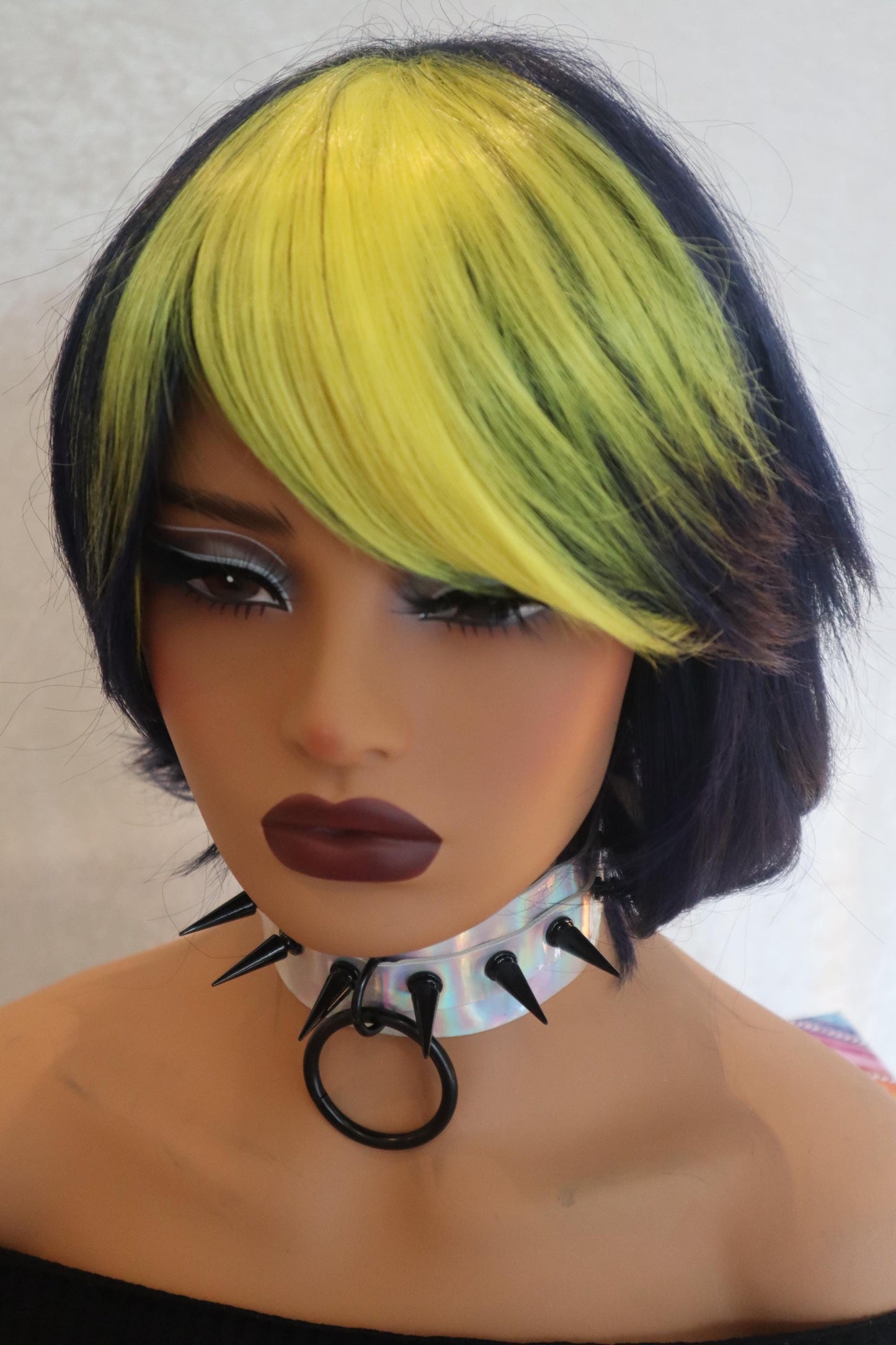 Punk Edgy Short Bob Navy Dark Blue Wig with Vibrant Yellow Bangs