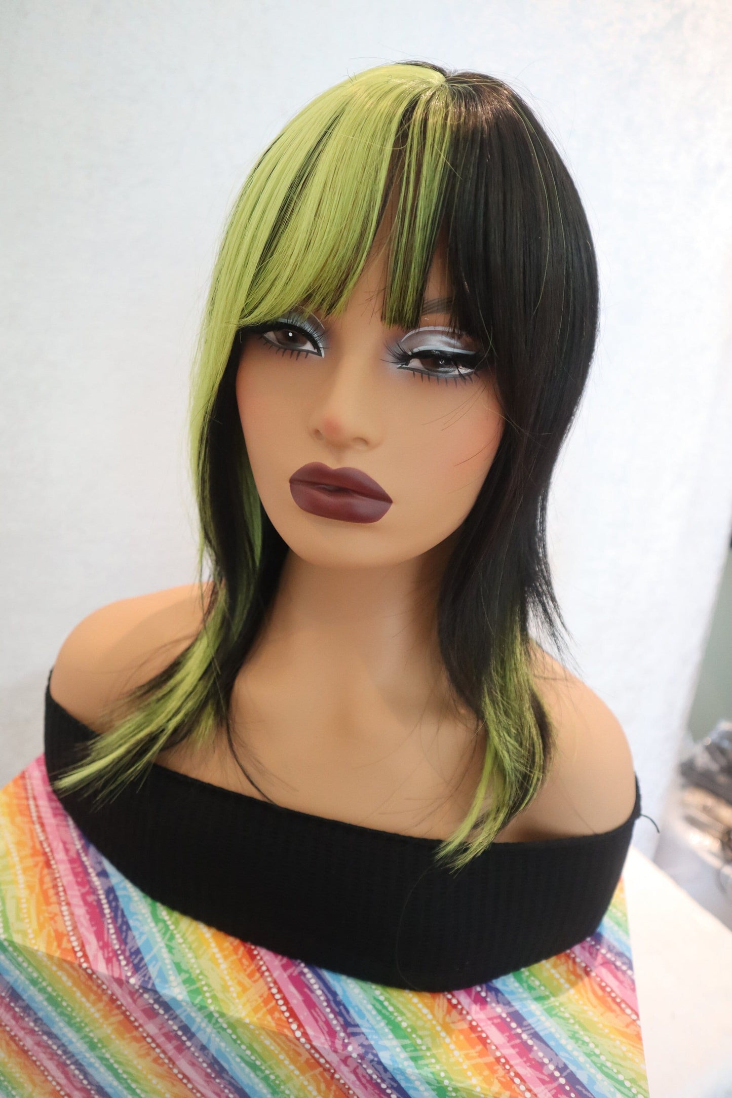 Layered Neon Green and Black Wig with Bangs - Edgy Synthetic 18-Inch Wig