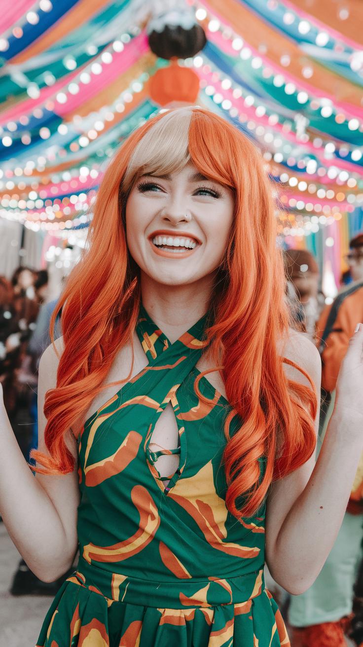 Vibrant Ginger & Blonde 28" Wavy Wig with Unique Half-Blonde Bangs | Fun, Festival-Ready Hair