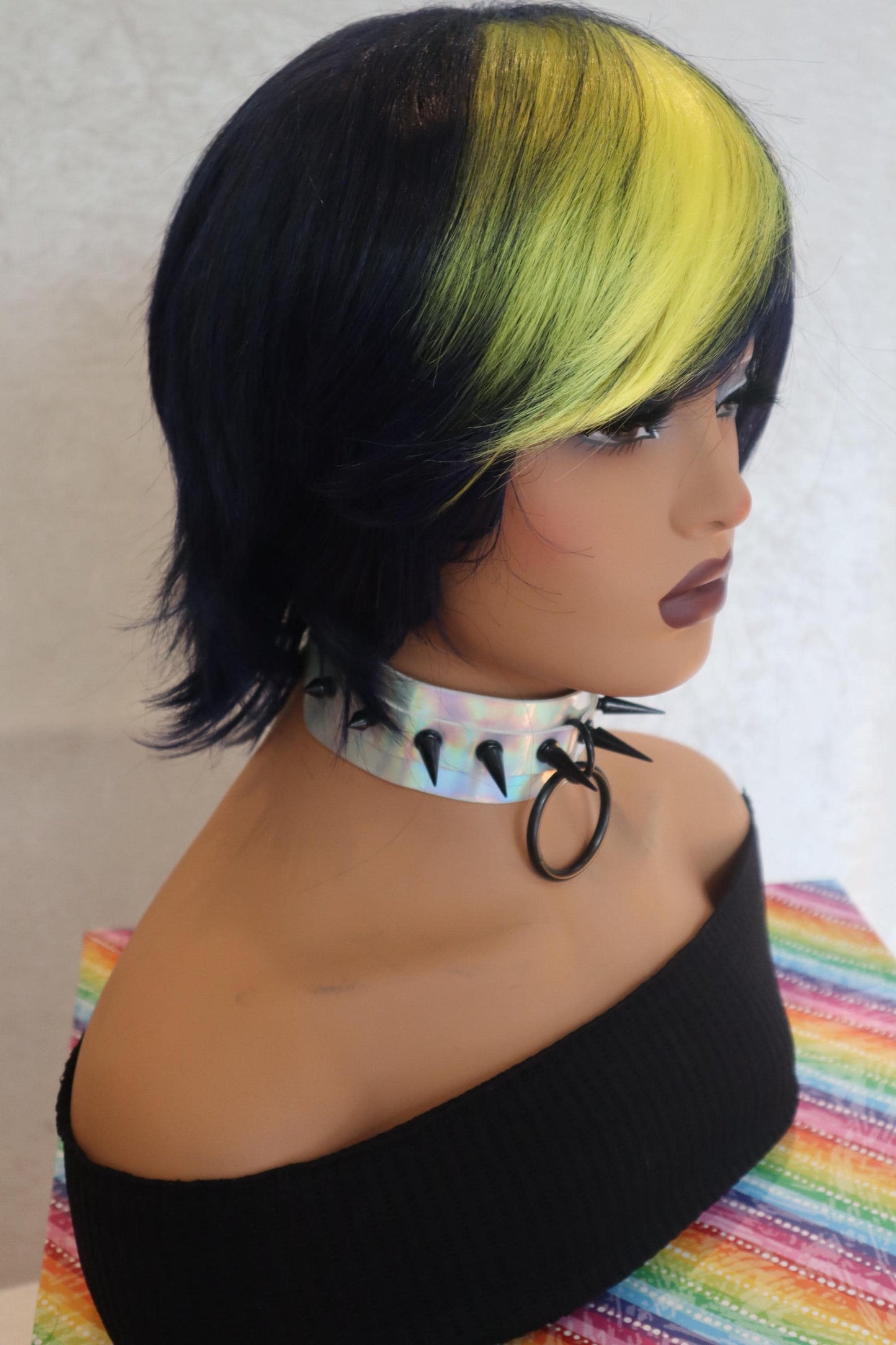 Punk Edgy Short Bob Navy Dark Blue Wig with Vibrant Yellow Bangs