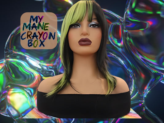 Layered Neon Green and Black Wig with Bangs - Edgy Synthetic 18-Inch Wig