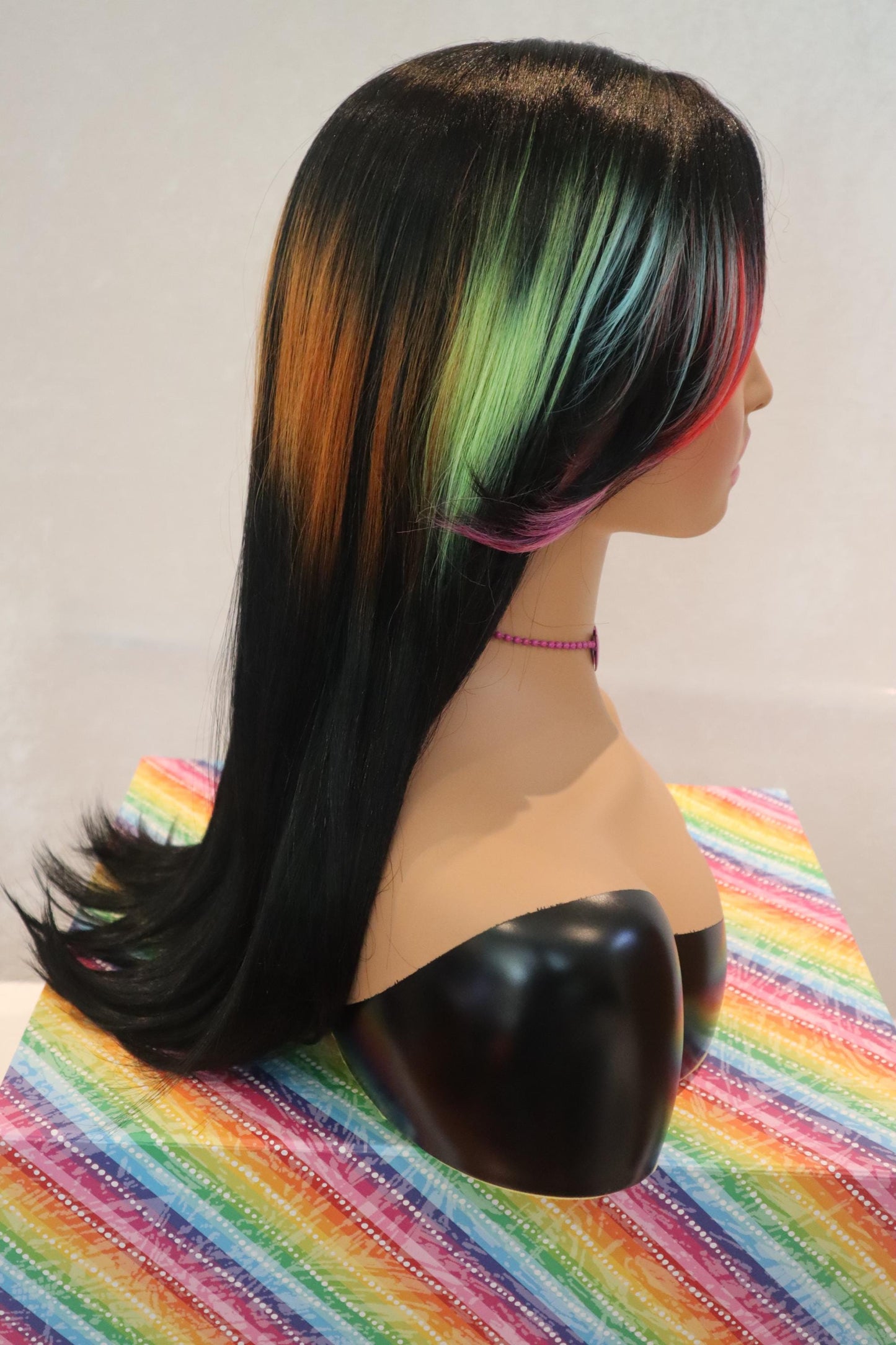 Long Straight Elegant Side Part Front Lace Wig with Rainbow Highlights and Face-Framing Rays