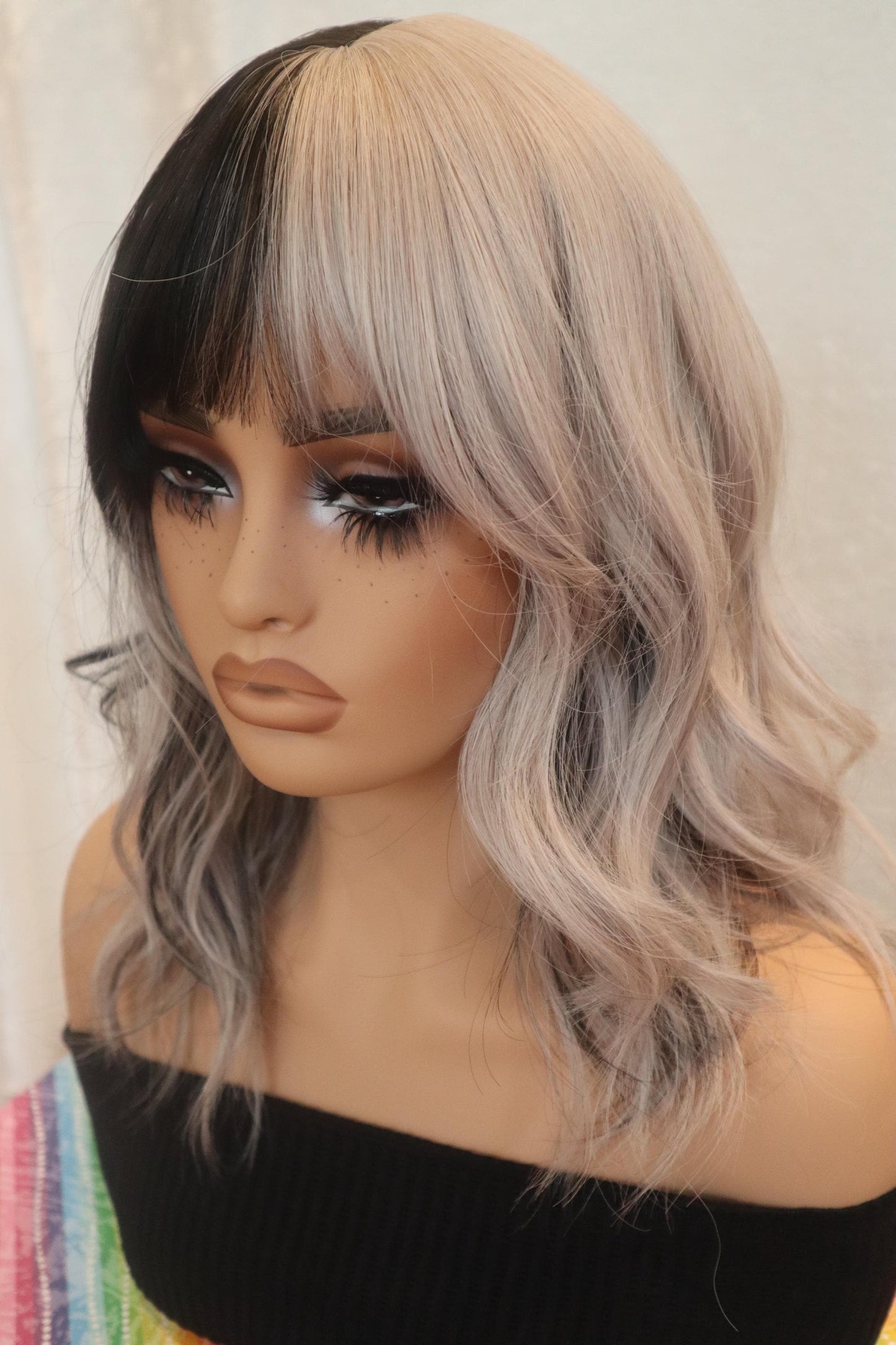 Edgy Black & Gray Half Fringe Wig | Wavy Shoulder-Length | Unique Two-Tone Style