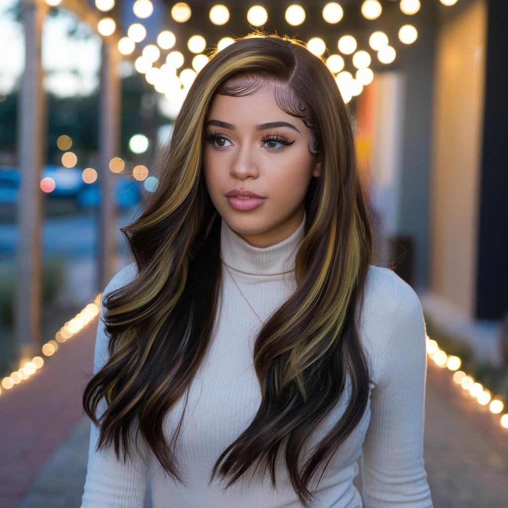 Romantic Dark Brown Wavy Lace Front Wig with Yellow Highlights – 26 Inches of Natural Elegance