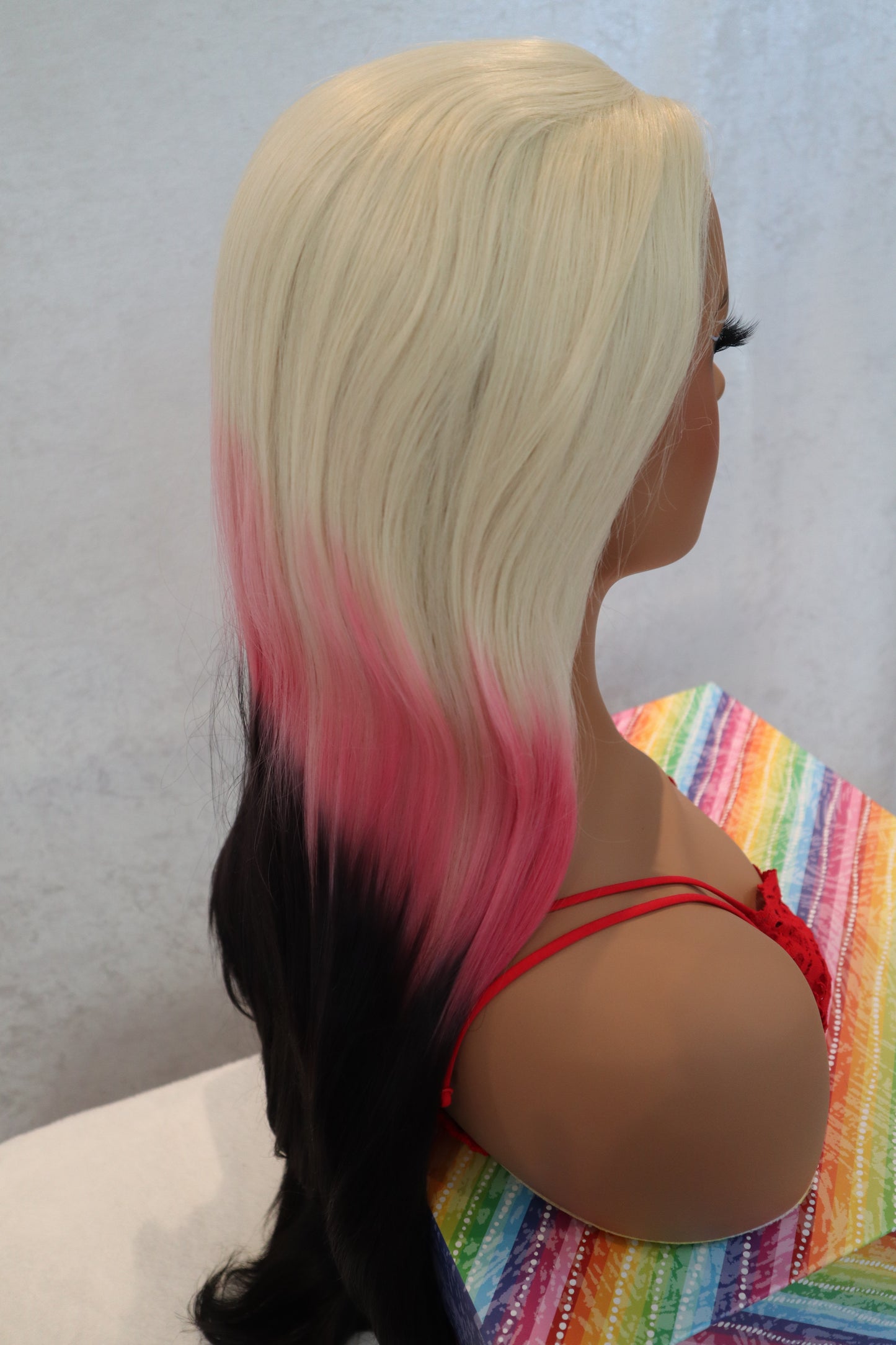 30 inch Ombre Blonde to Pink and Black Front Lace Wig Natural parting Vibrant & Unique Long Wig