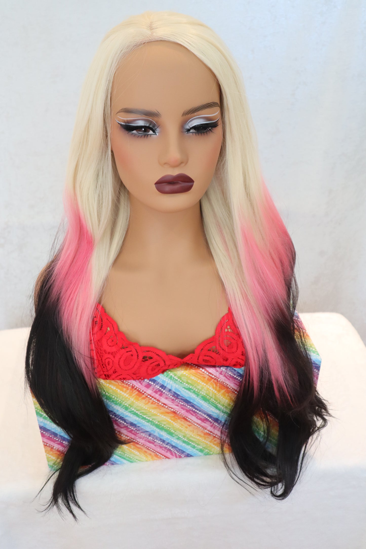 30 inch Ombre Blonde to Pink and Black Front Lace Wig Natural parting Vibrant & Unique Long Wig