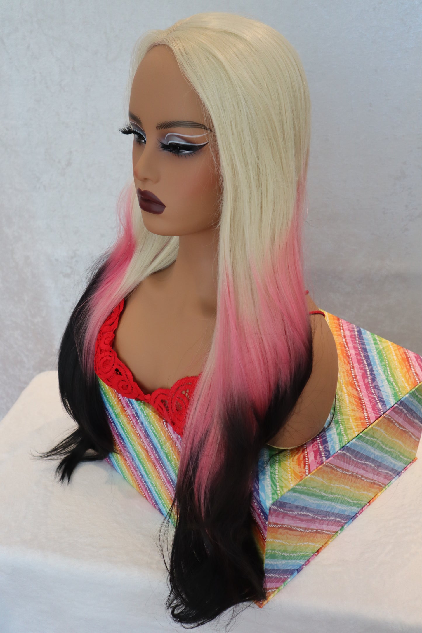 30 inch Ombre Blonde to Pink and Black Front Lace Wig Natural parting Vibrant & Unique Long Wig