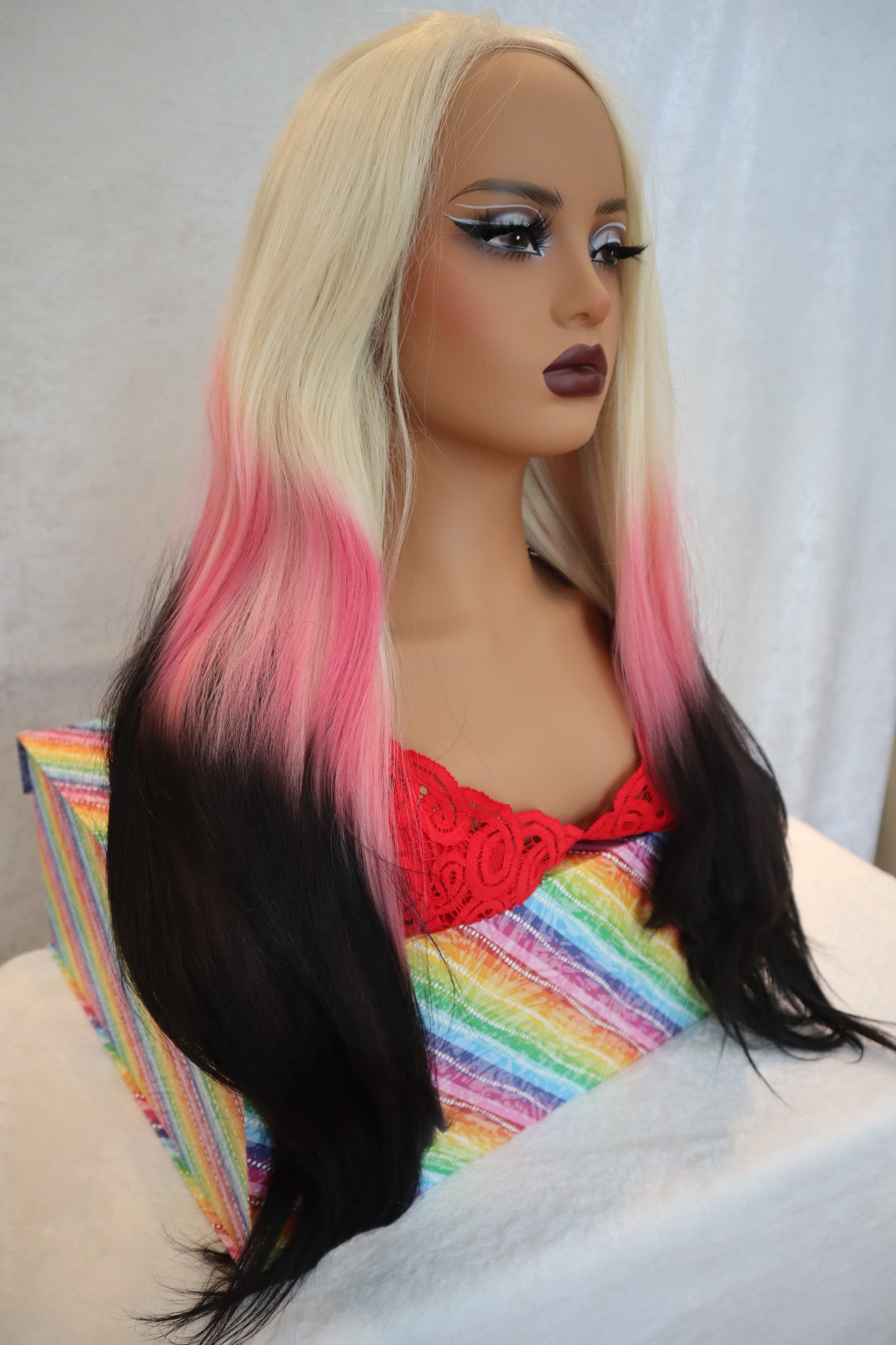 30 inch Ombre Blonde to Pink and Black Front Lace Wig Natural parting Vibrant & Unique Long Wig