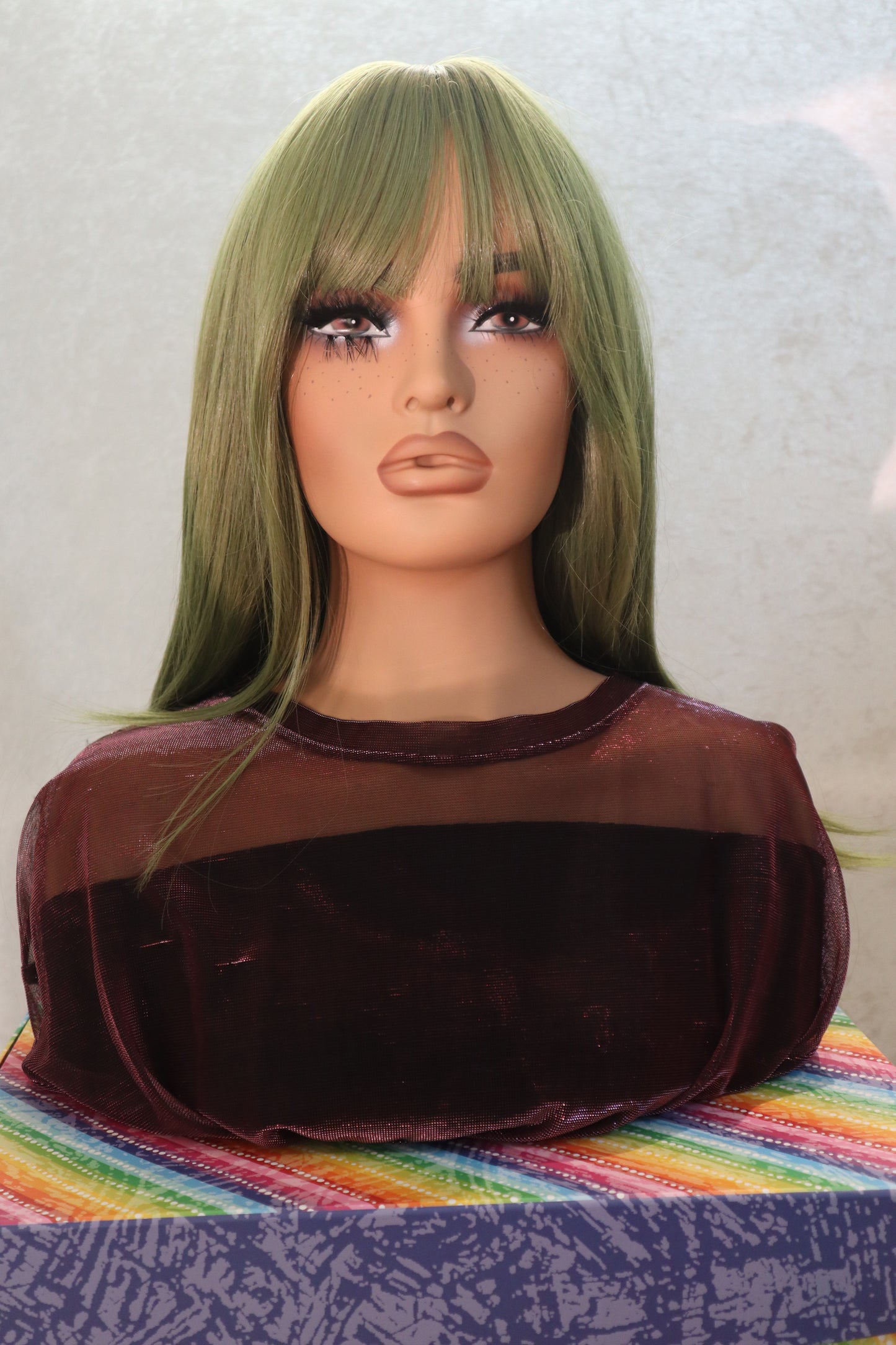 Thick Retro Green Matcha Wig with Bold Bangs | High-Quality, Easy Brush, 24-Inch Layered Style