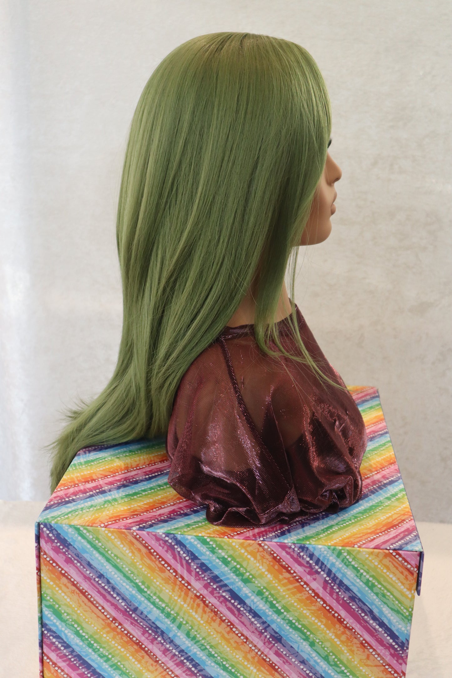 Thick Retro Green Matcha Wig with Bold Bangs | High-Quality, Easy Brush, 24-Inch Layered Style