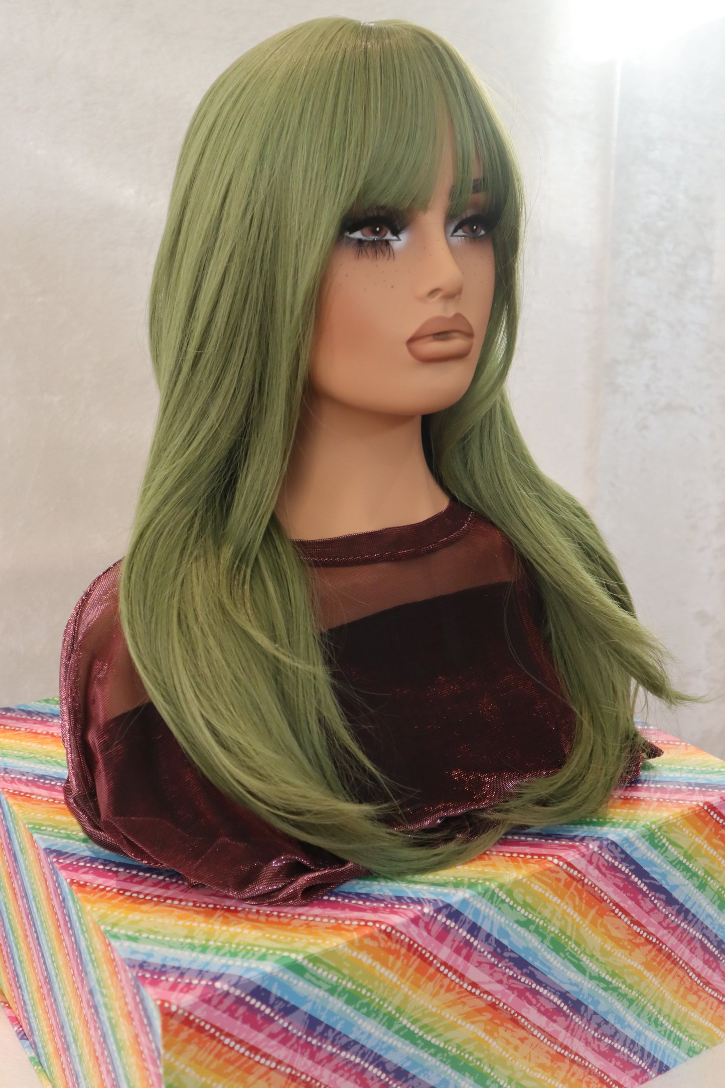 Thick Retro Green Matcha Wig with Bold Bangs | High-Quality, Easy Brush, 24-Inch Layered Style