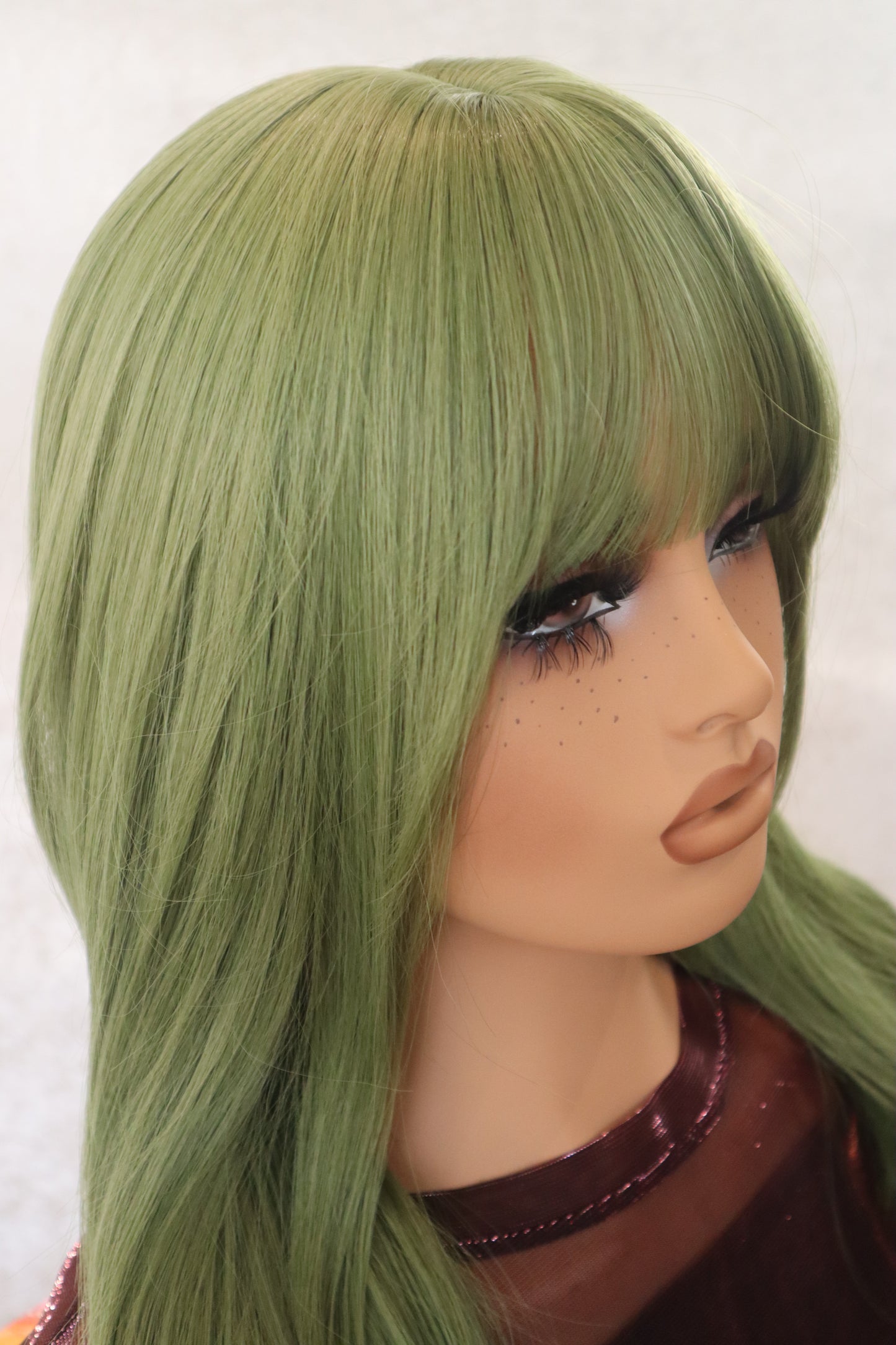 Thick Retro Green Matcha Wig with Bold Bangs | High-Quality, Easy Brush, 24-Inch Layered Style